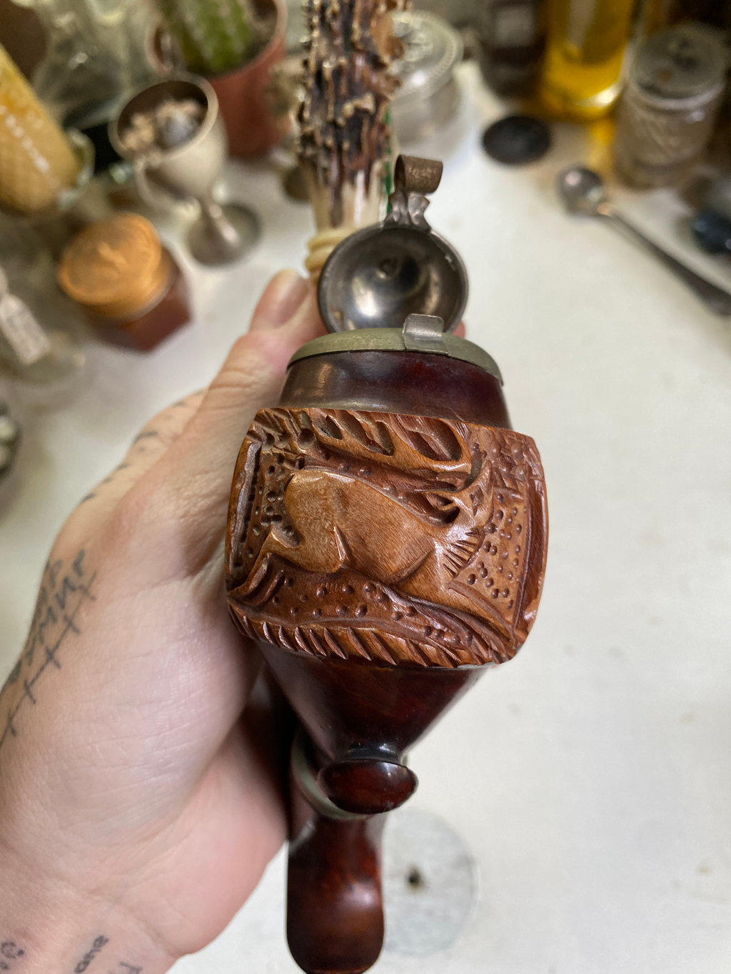 Antler Smoking Pipe with Deer Carving image 2