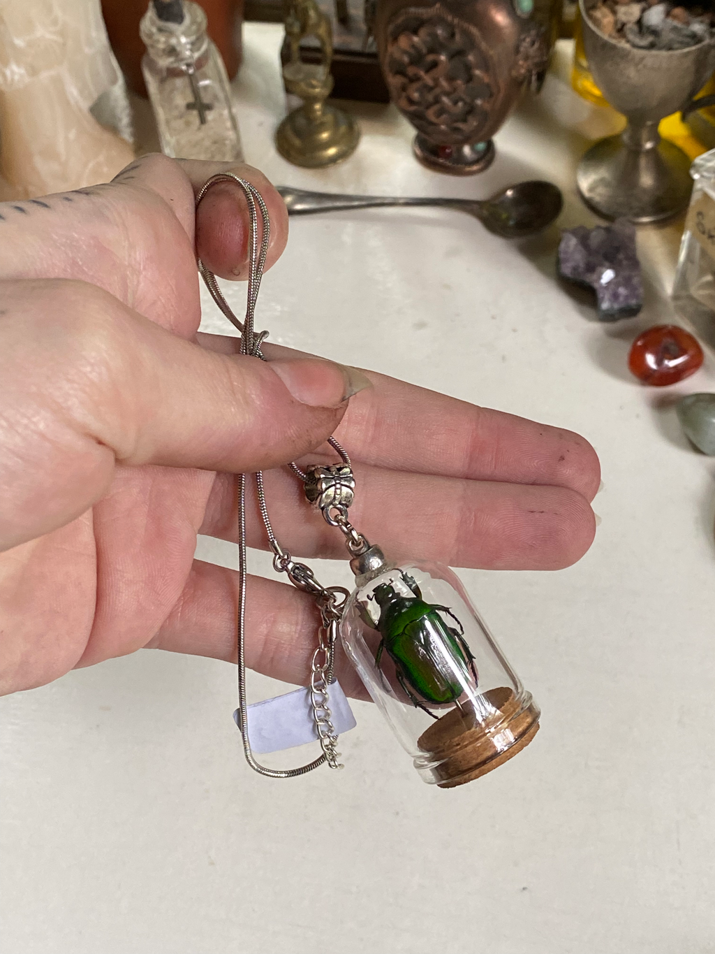 Green Scarab Beetle in Glass Dome Necklace image 6