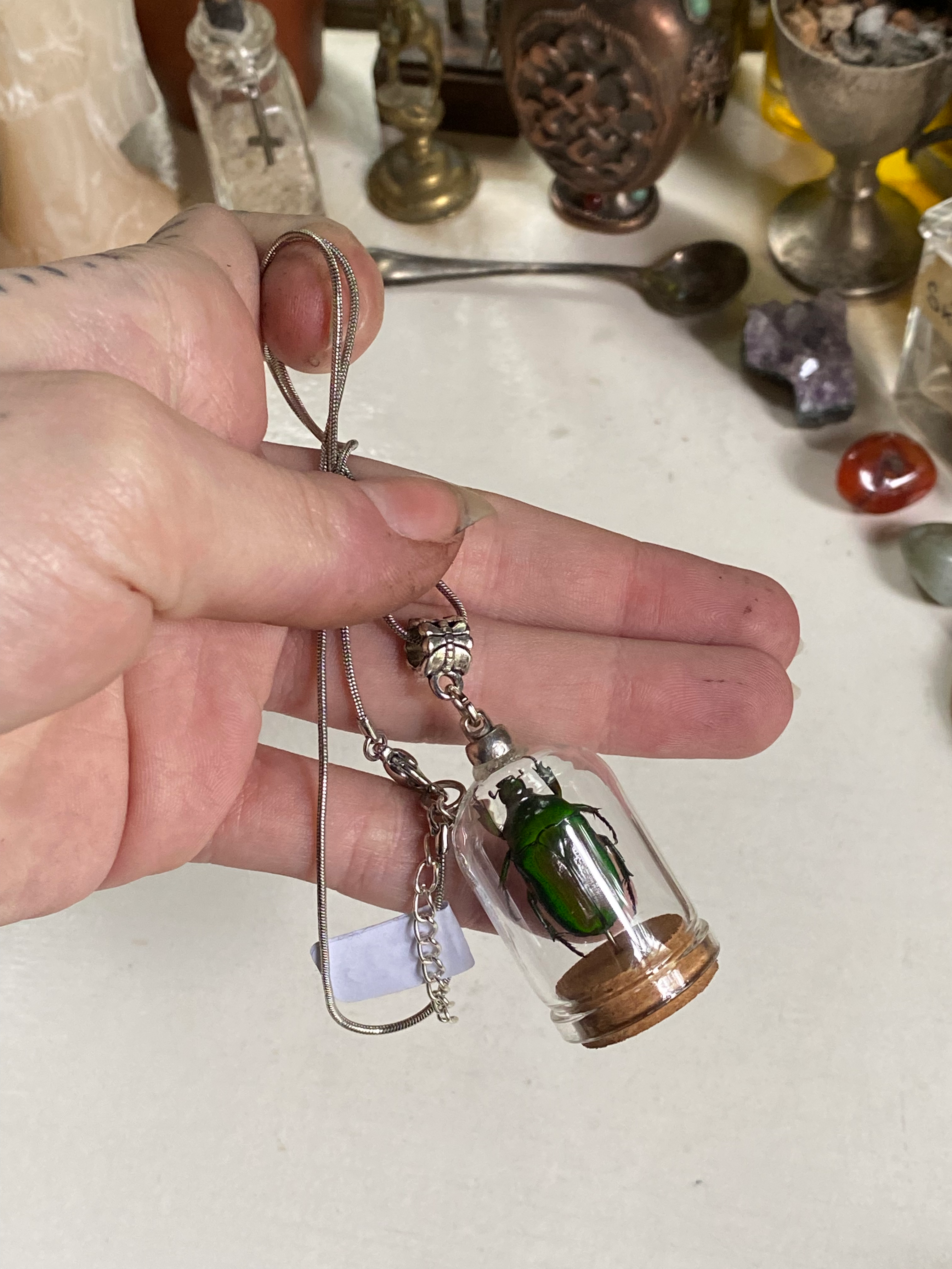 Green Scarab Beetle in Glass Dome Necklace image 6