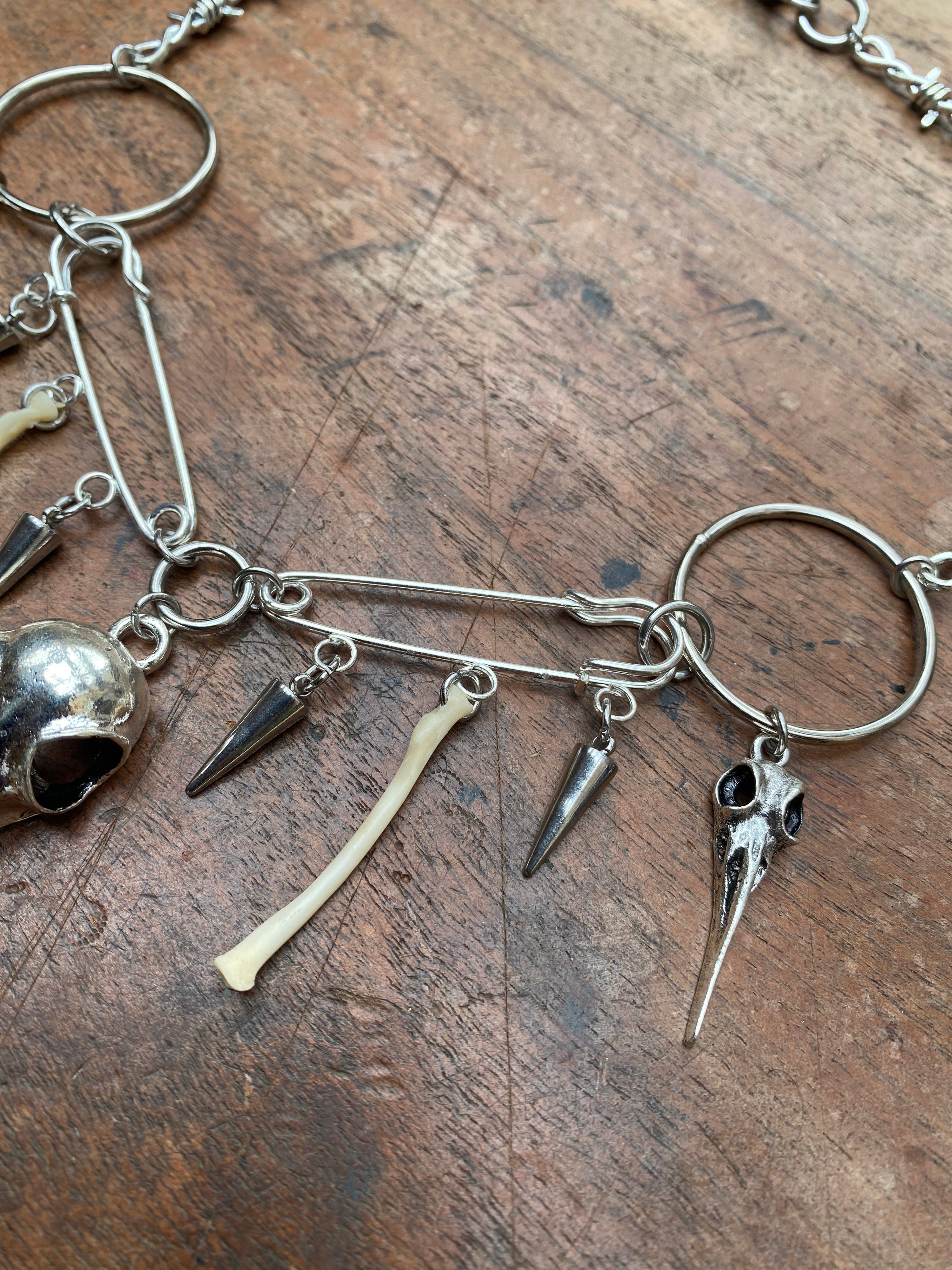 Crow Skulls, Safety Pins and Bones Necklace