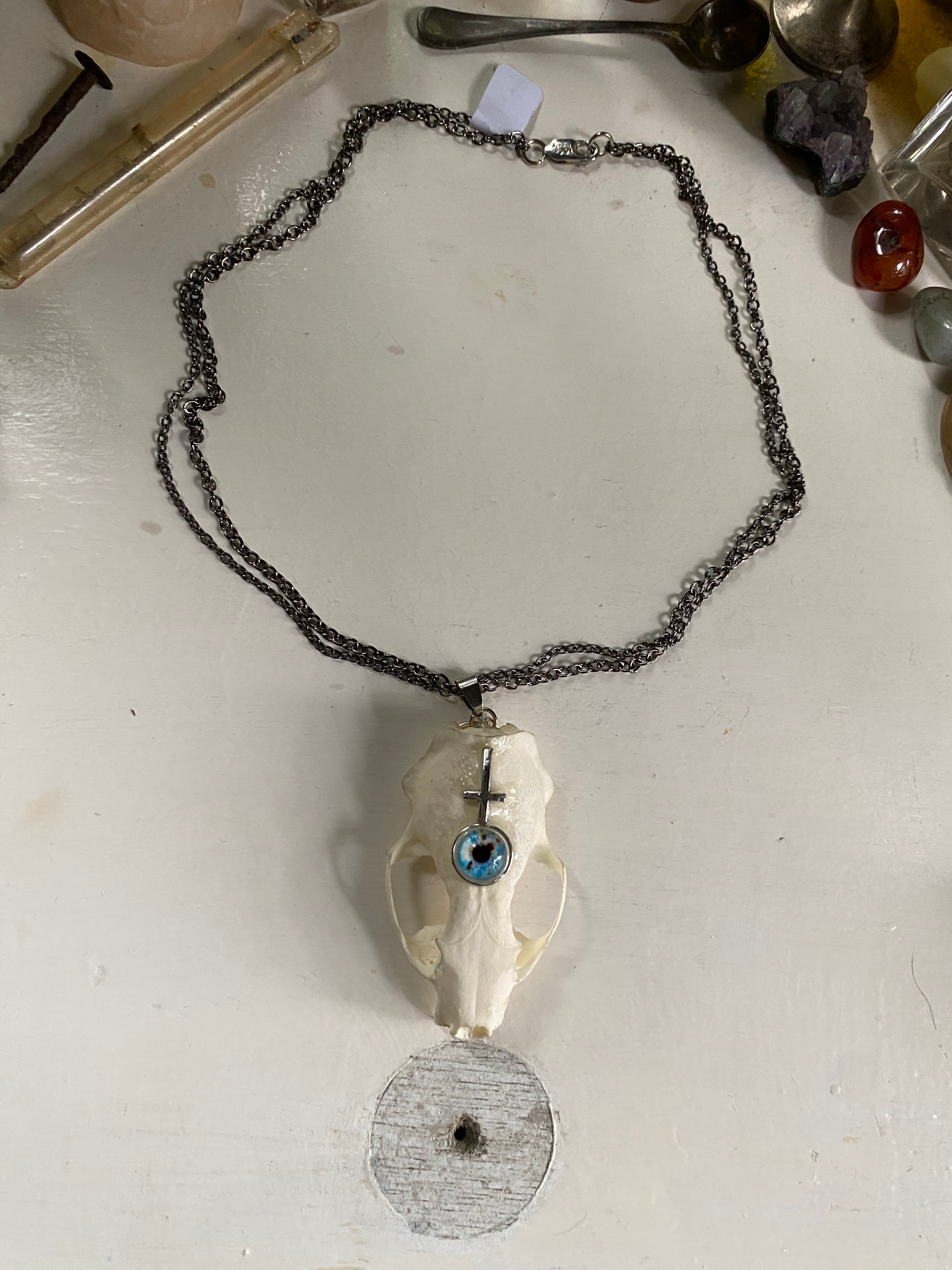 Mink Skull with Inverted Cross and Eye Necklace image 1