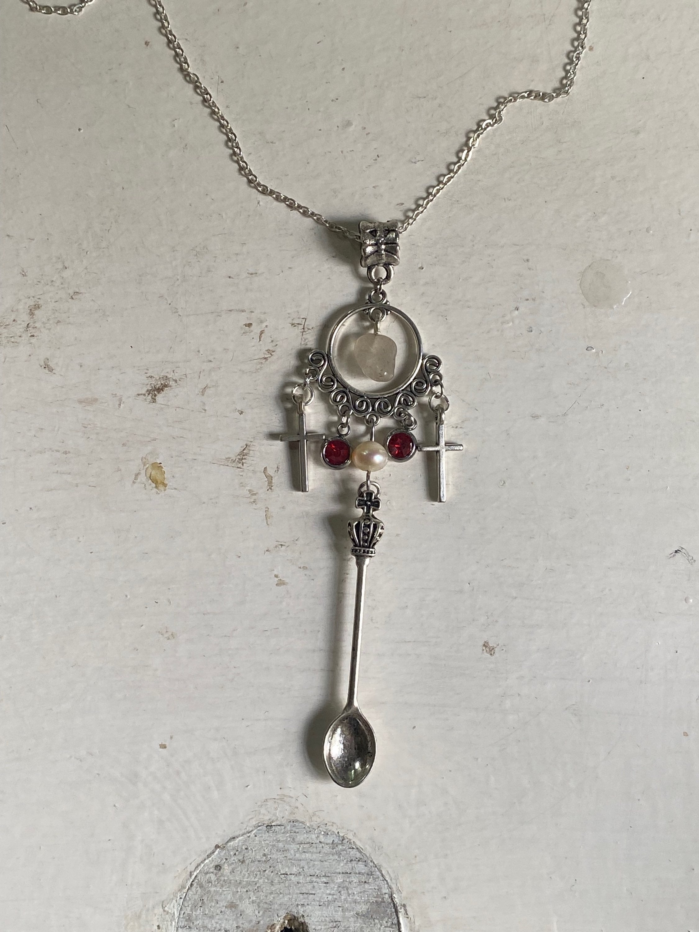 Miniature Spoon and Crosses Necklace with Rose Quartz image 2