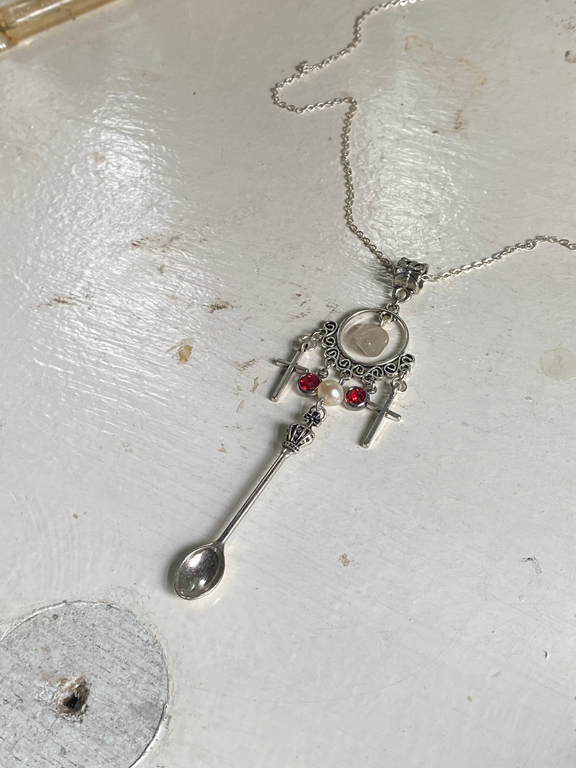 Miniature Spoon and Crosses Necklace with Rose Quartz image 3