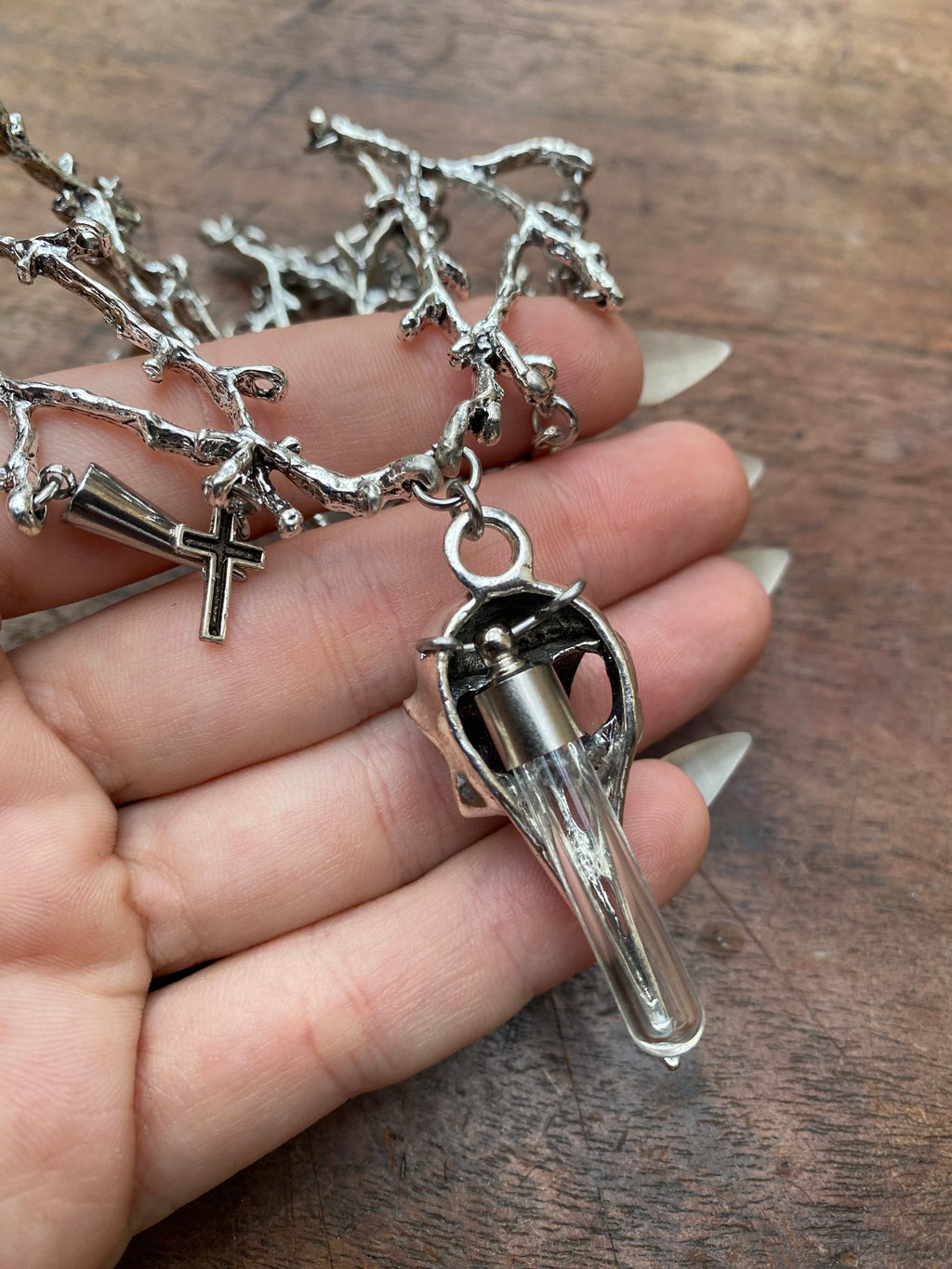 Tree Braches and Crow Skull with Openable Vial Necklace