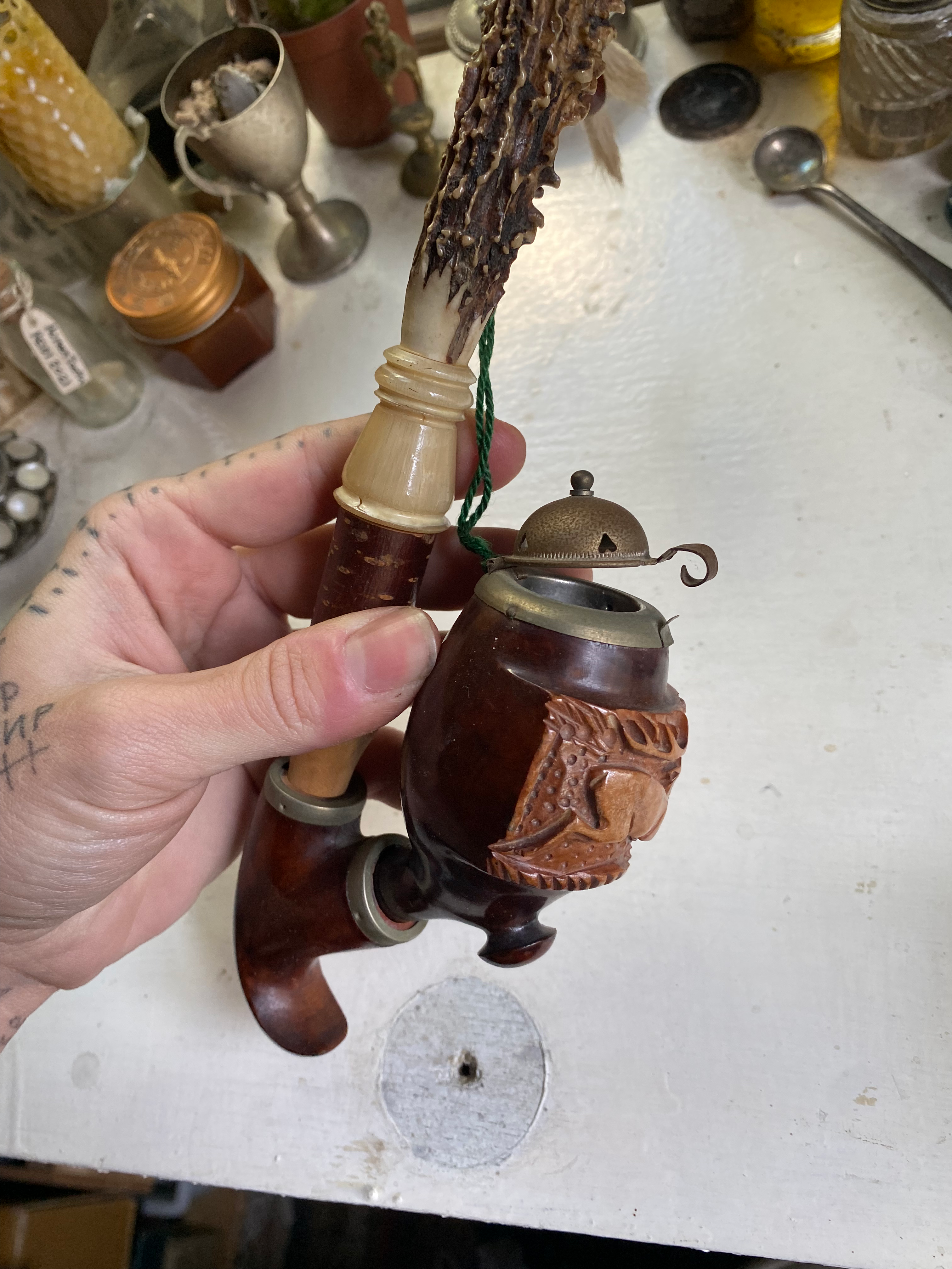 Antler Smoking Pipe with Deer Carving image 1