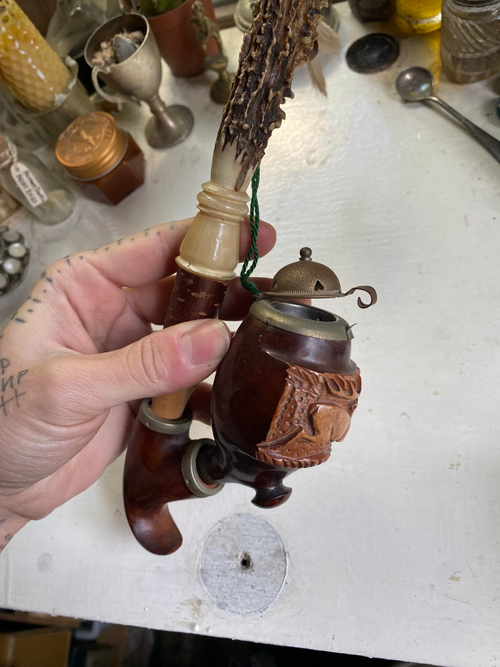 Antler Smoking Pipe with Deer Carving image 1