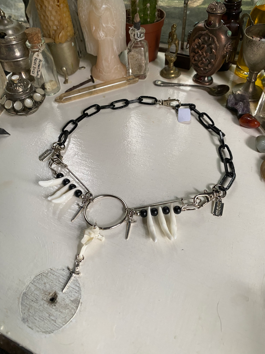 Mink Vertibrae and Coyote Teeth Black Chain Necklace image 0