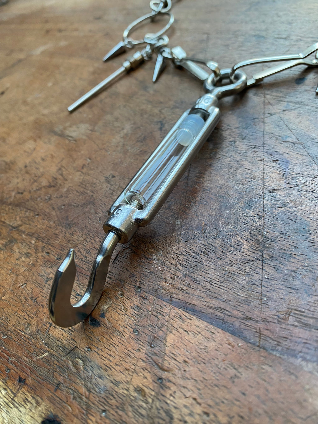 Stainless Steel Mechanical Hook, Syringe Needles and Glass Vial Necklace