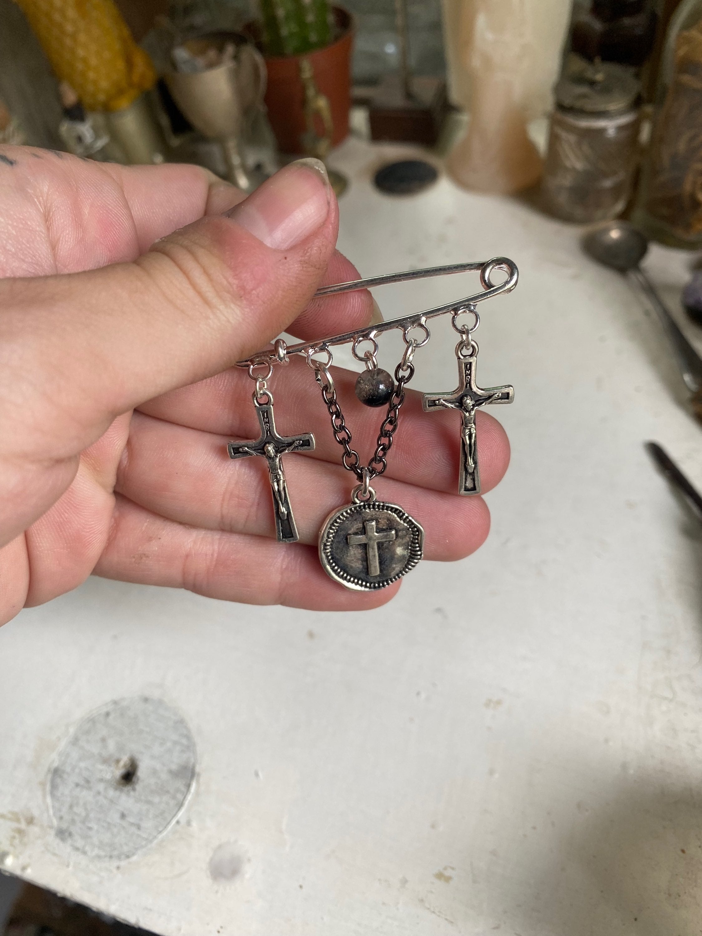 Safety Pin Brooch with Crosses image 3