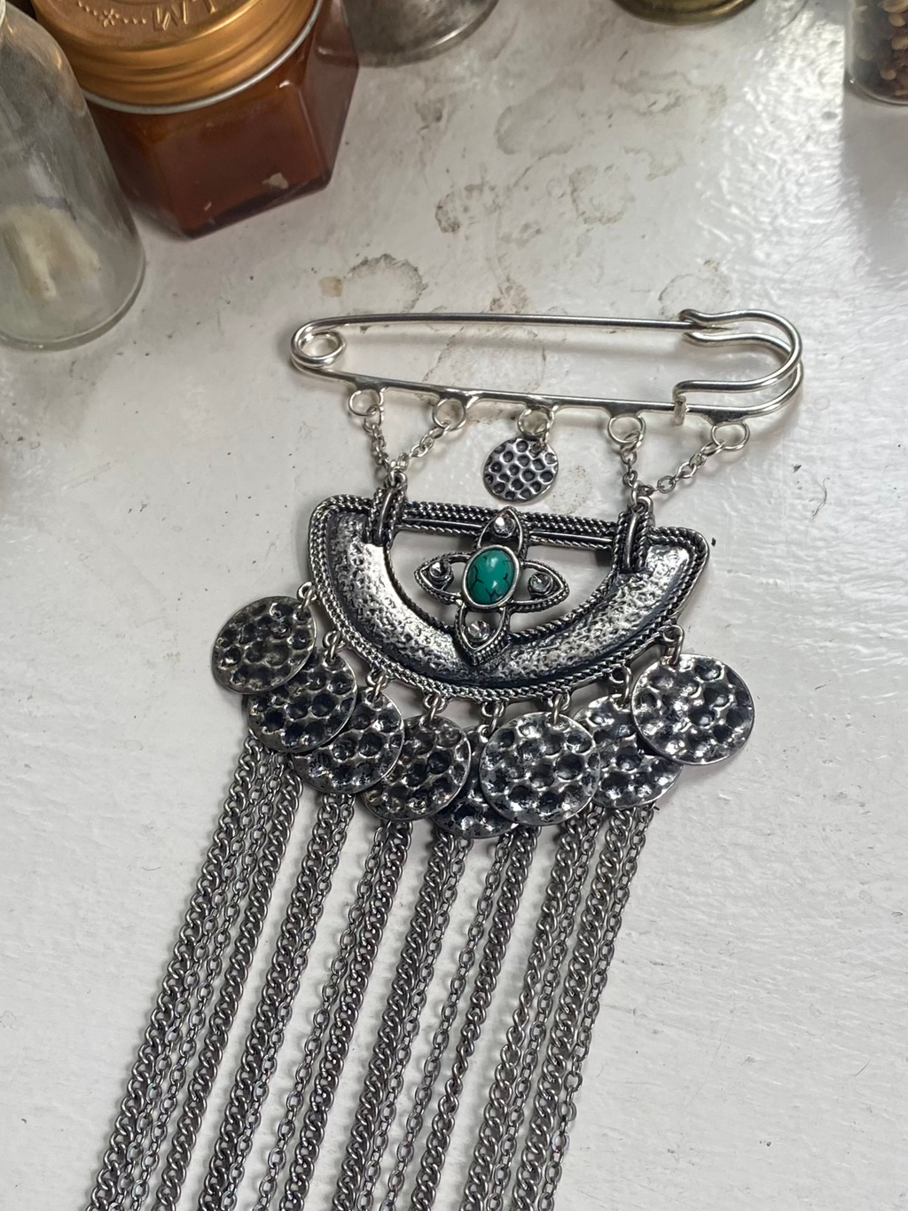 Turquoise and Chain Safety Pin/Brooch image 1