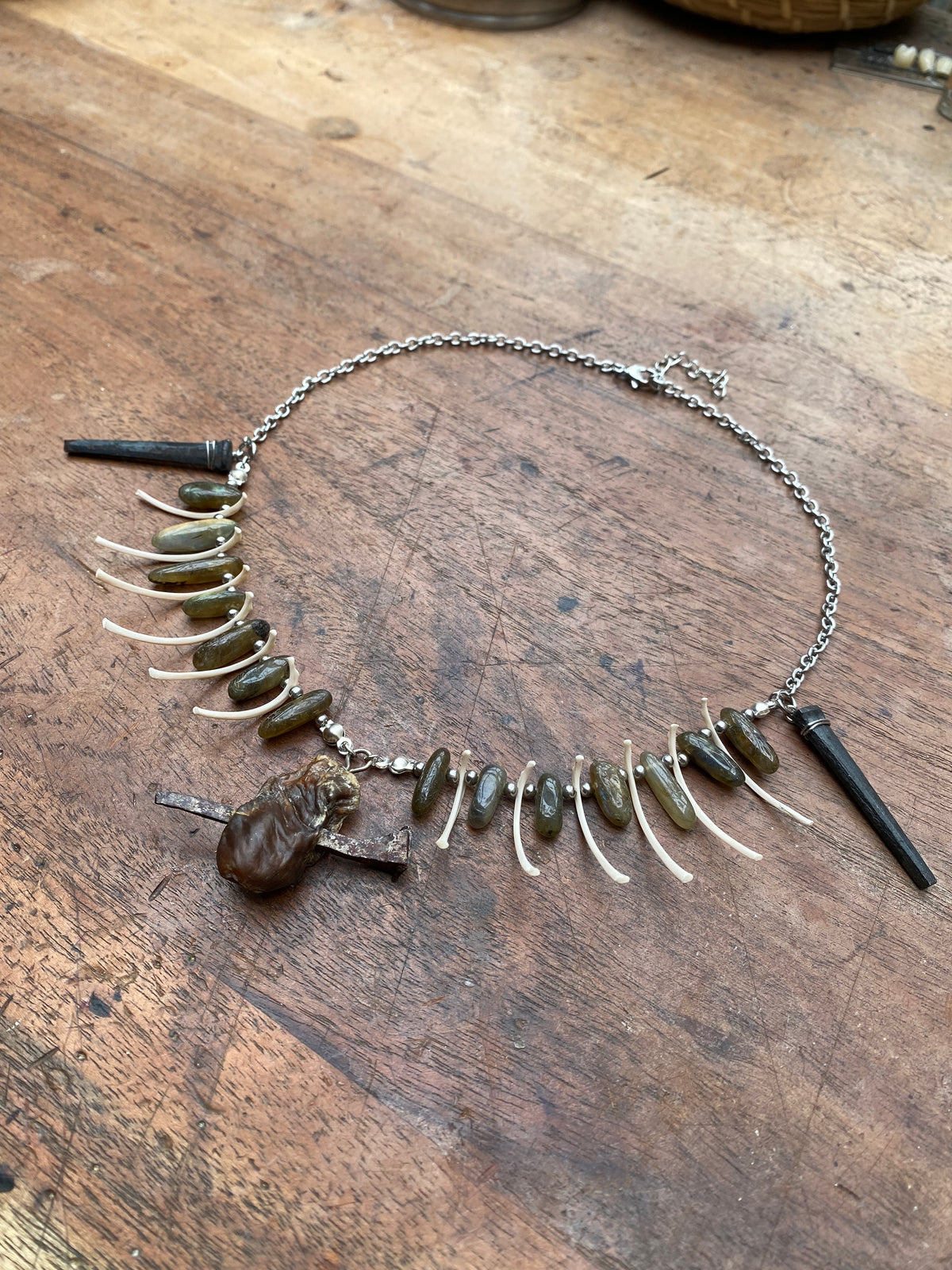 Pierced Mummified Crow Heart, Ribs Coffin Nails and Labradorite Necklace