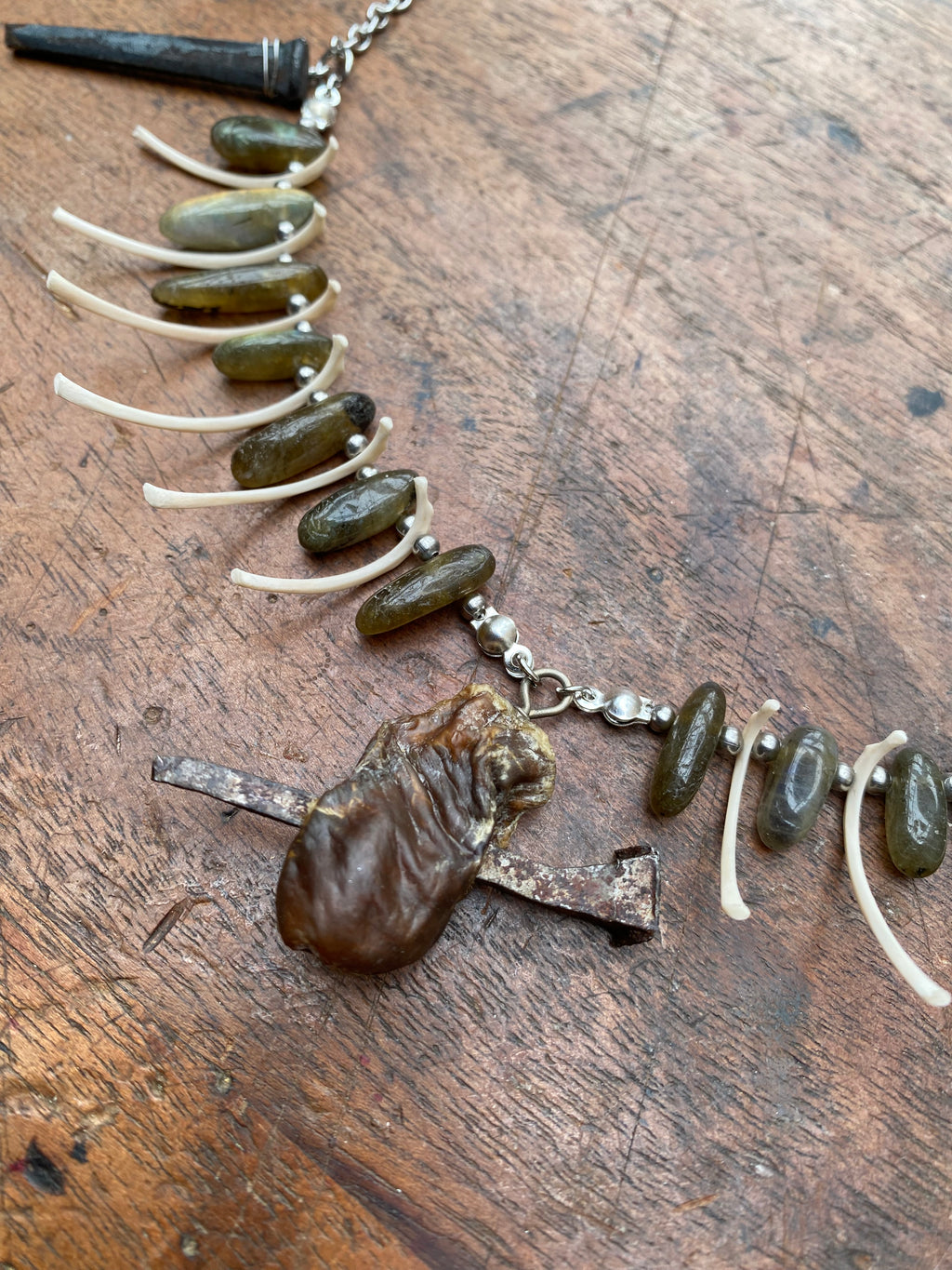 Pierced Mummified Crow Heart, Ribs Coffin Nails and Labradorite Necklace