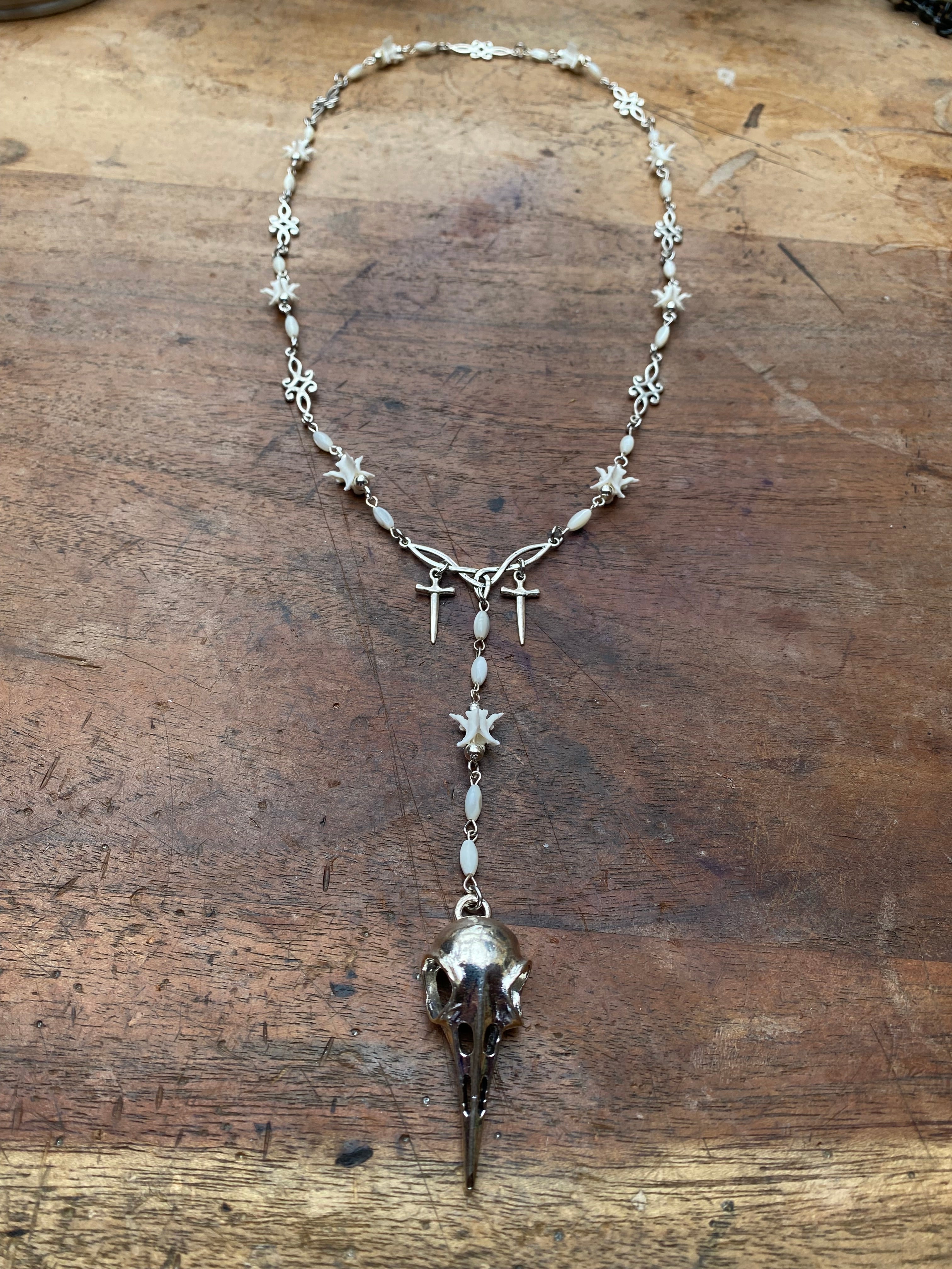 Rattle Snake Vertibrae and Crow Skull Rosary Necklace