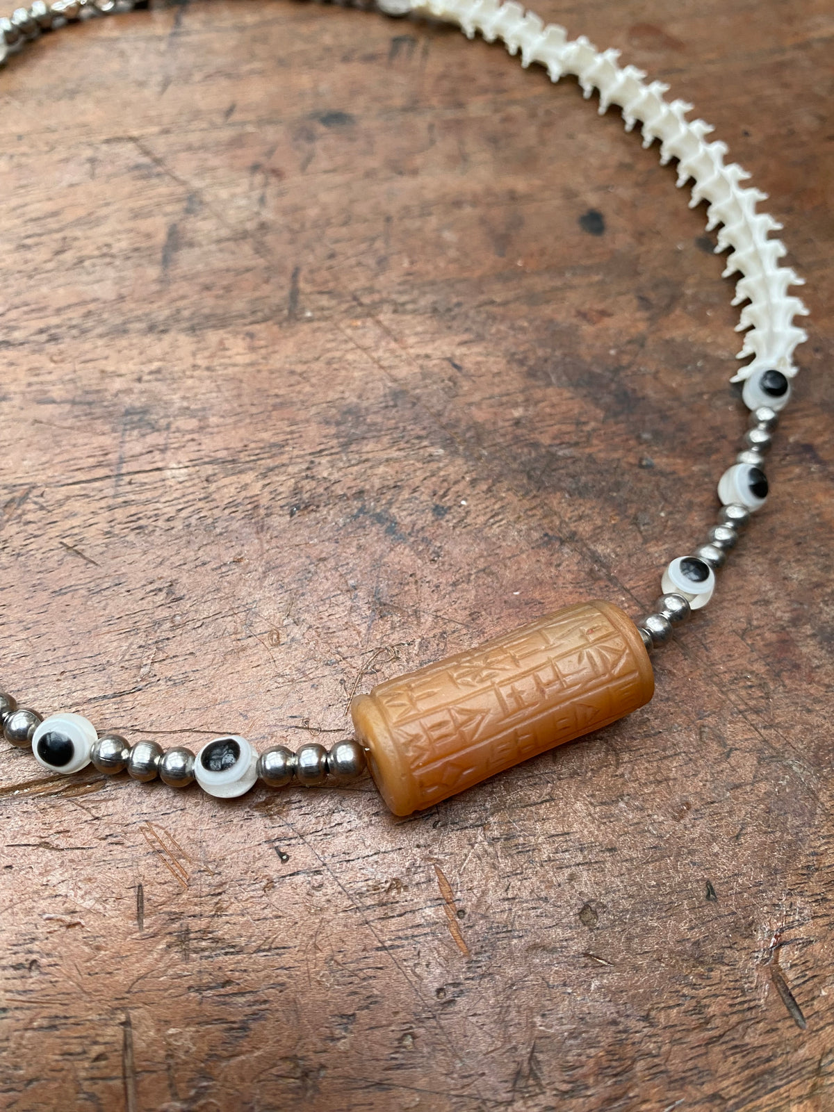 Ancient Mesopotamian Carved Carnelian Seal with Snake Vertibrae Necklace