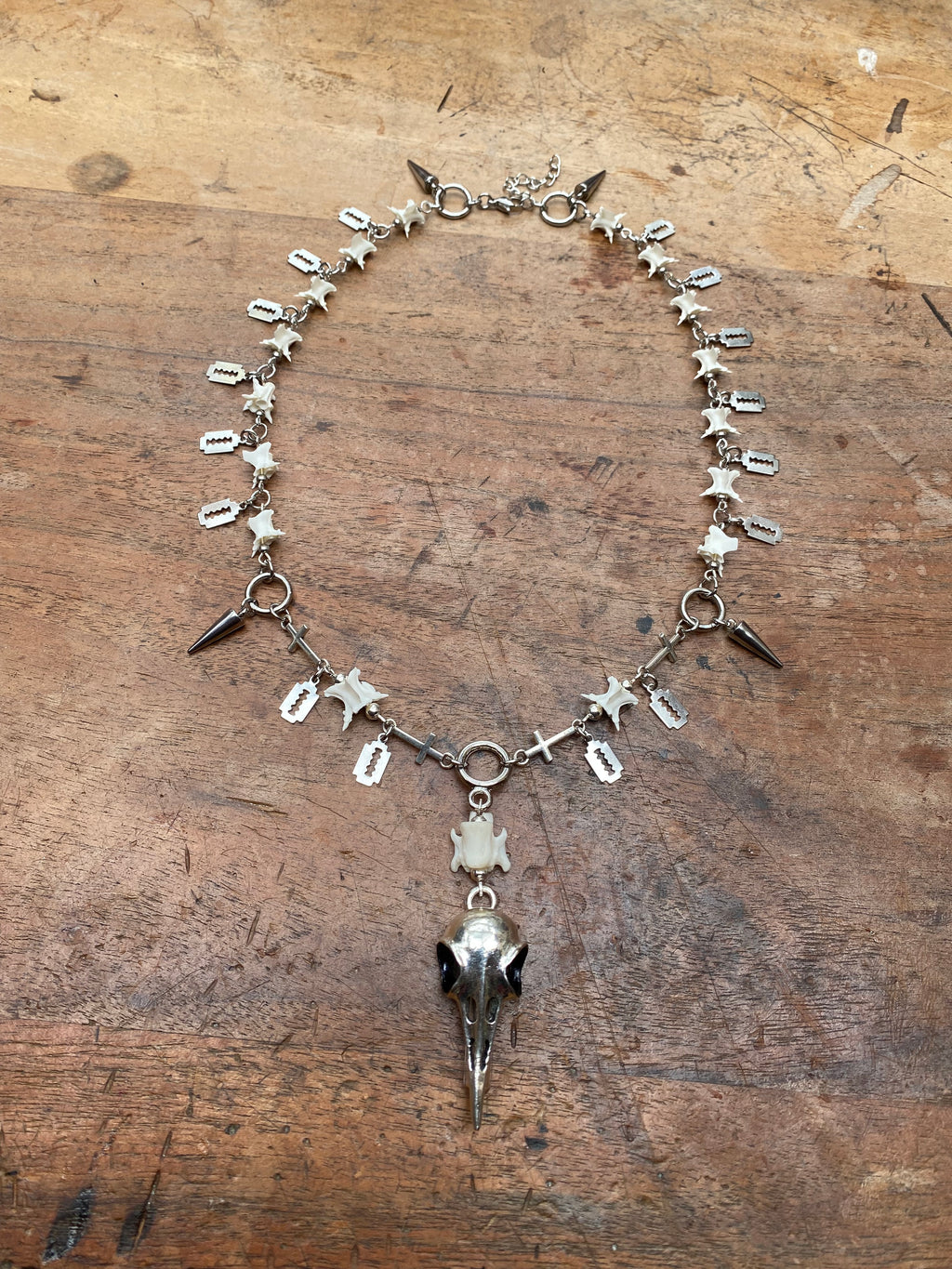 Crow Skull & Vertibrae Necklace with Openable Glass Vial