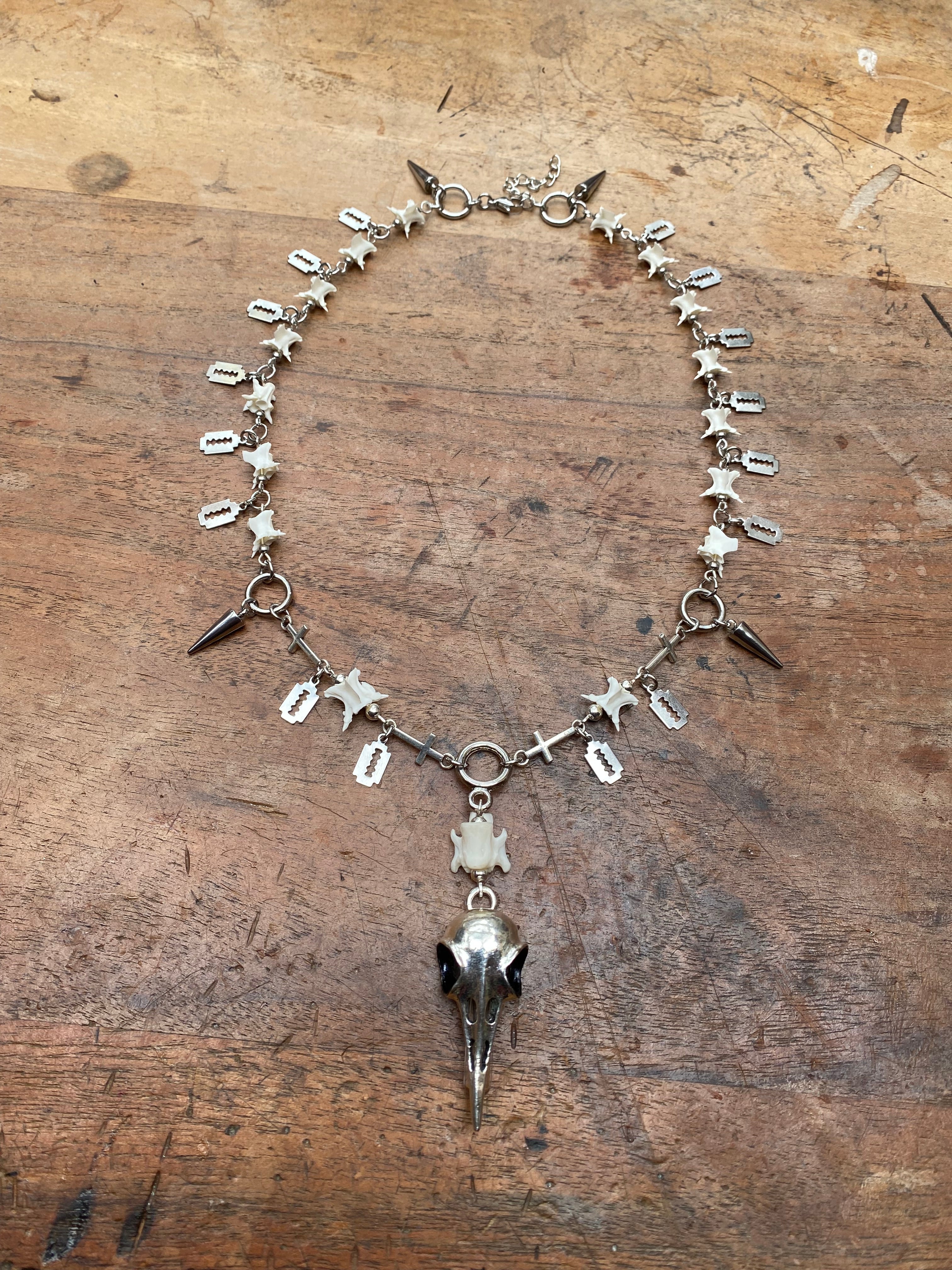 Crow Skull & Vertibrae Necklace with Openable Glass Vial