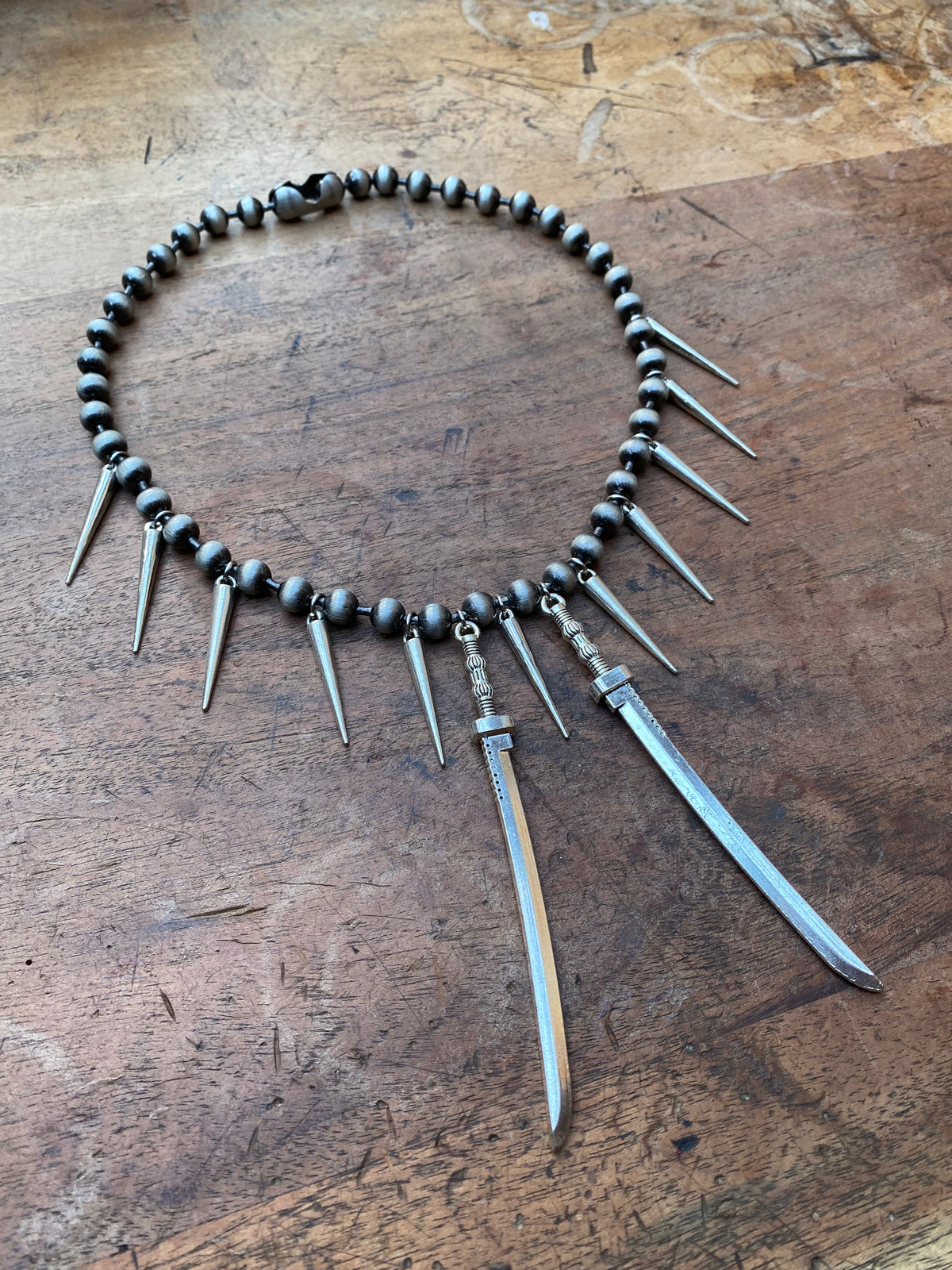 Swords and Spikes on Gunmetal Ball Chain Necklace
