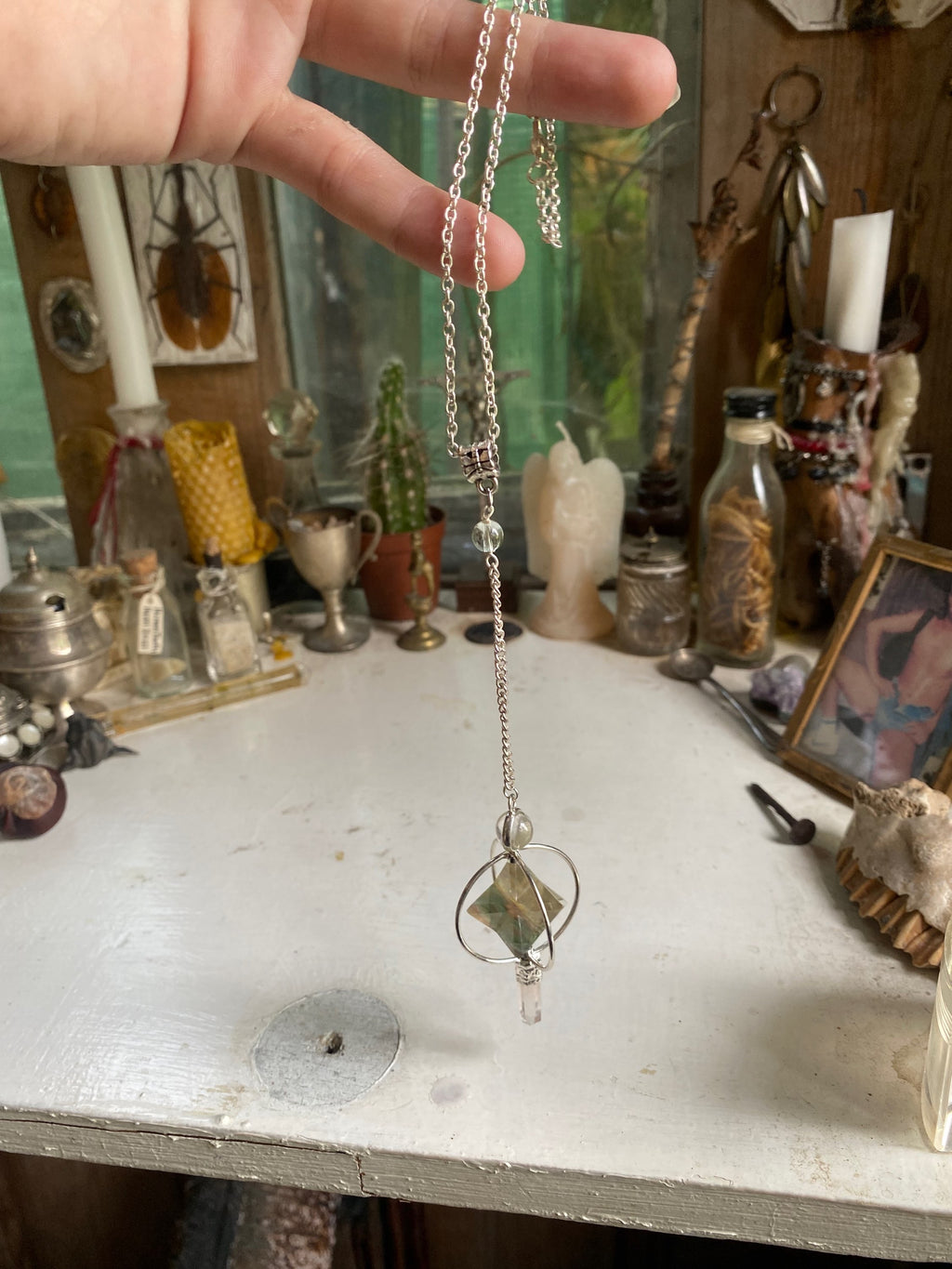 Moss Agate Pendulum Necklace with Quartz image 1