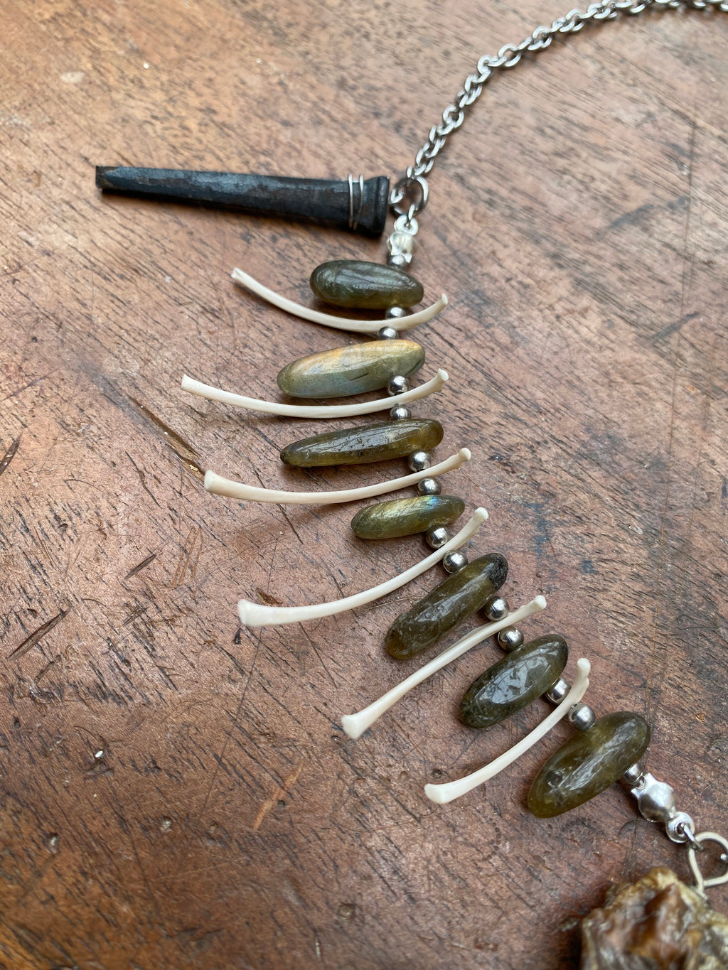 Pierced Mummified Crow Heart, Ribs Coffin Nails and Labradorite Necklace
