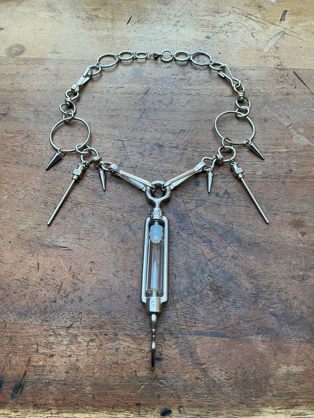 Stainless Steel Mechanical Hook, Syringe Needles and Glass Vial Necklace