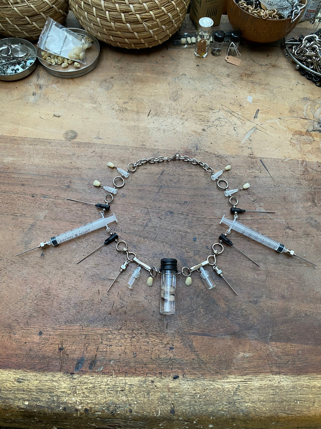 Fetal Rabbit Wet Specimen, Vials, Syringes and Teeth Necklace