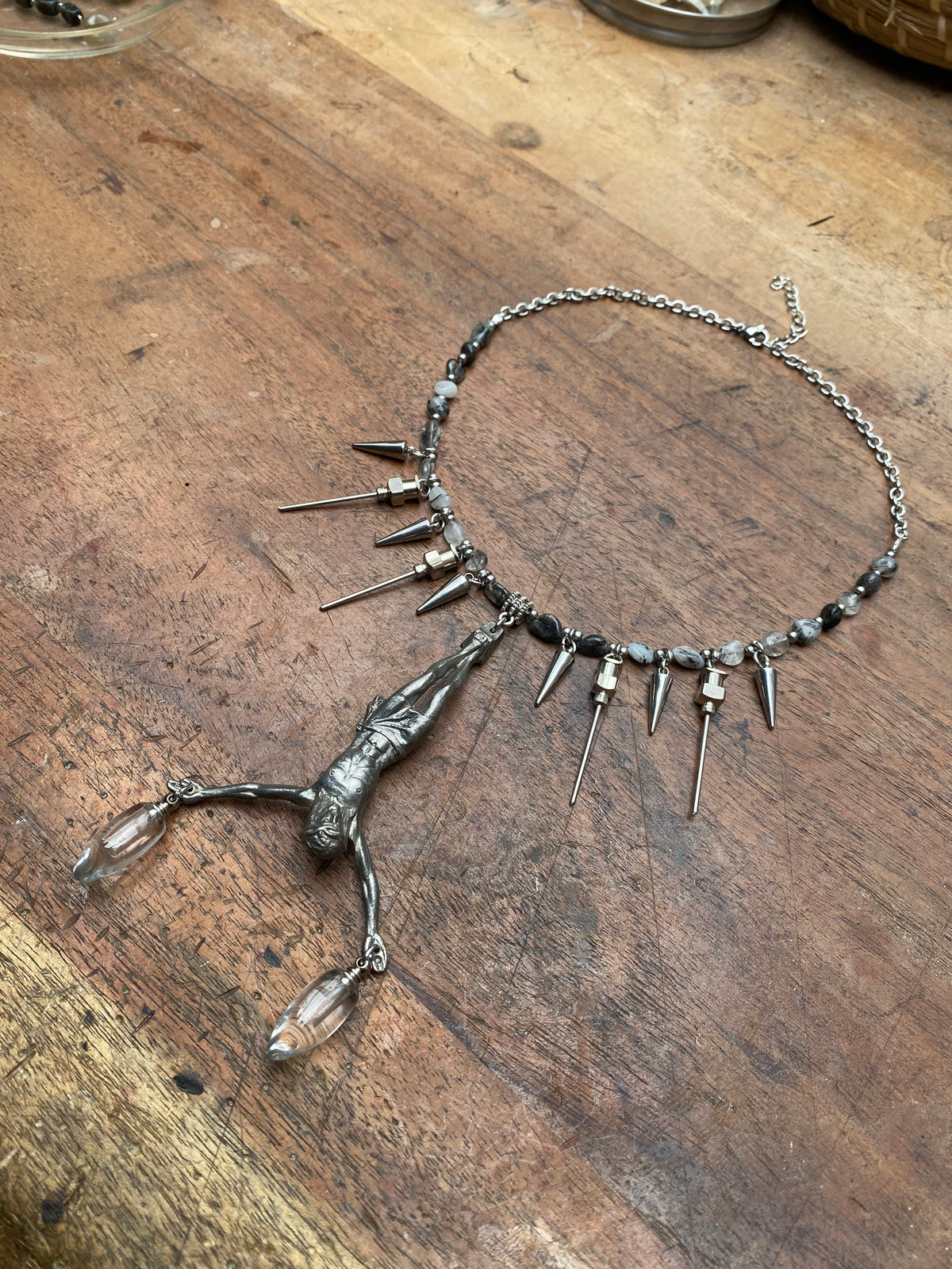 Inverted Corpus Christi, Openable Glass Vials and Ritulated Quartz Necklace