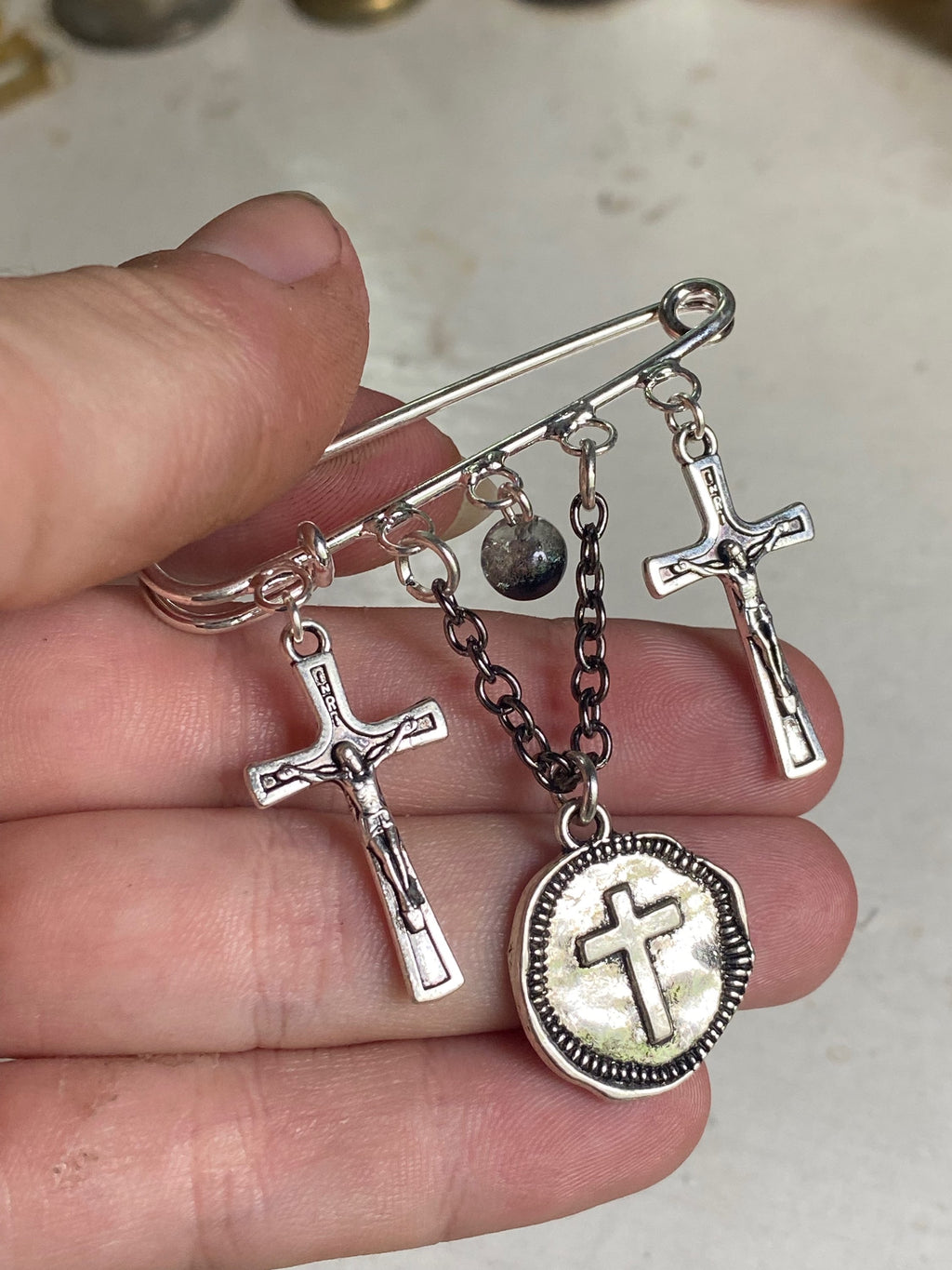 Safety Pin Brooch with Crosses image 0
