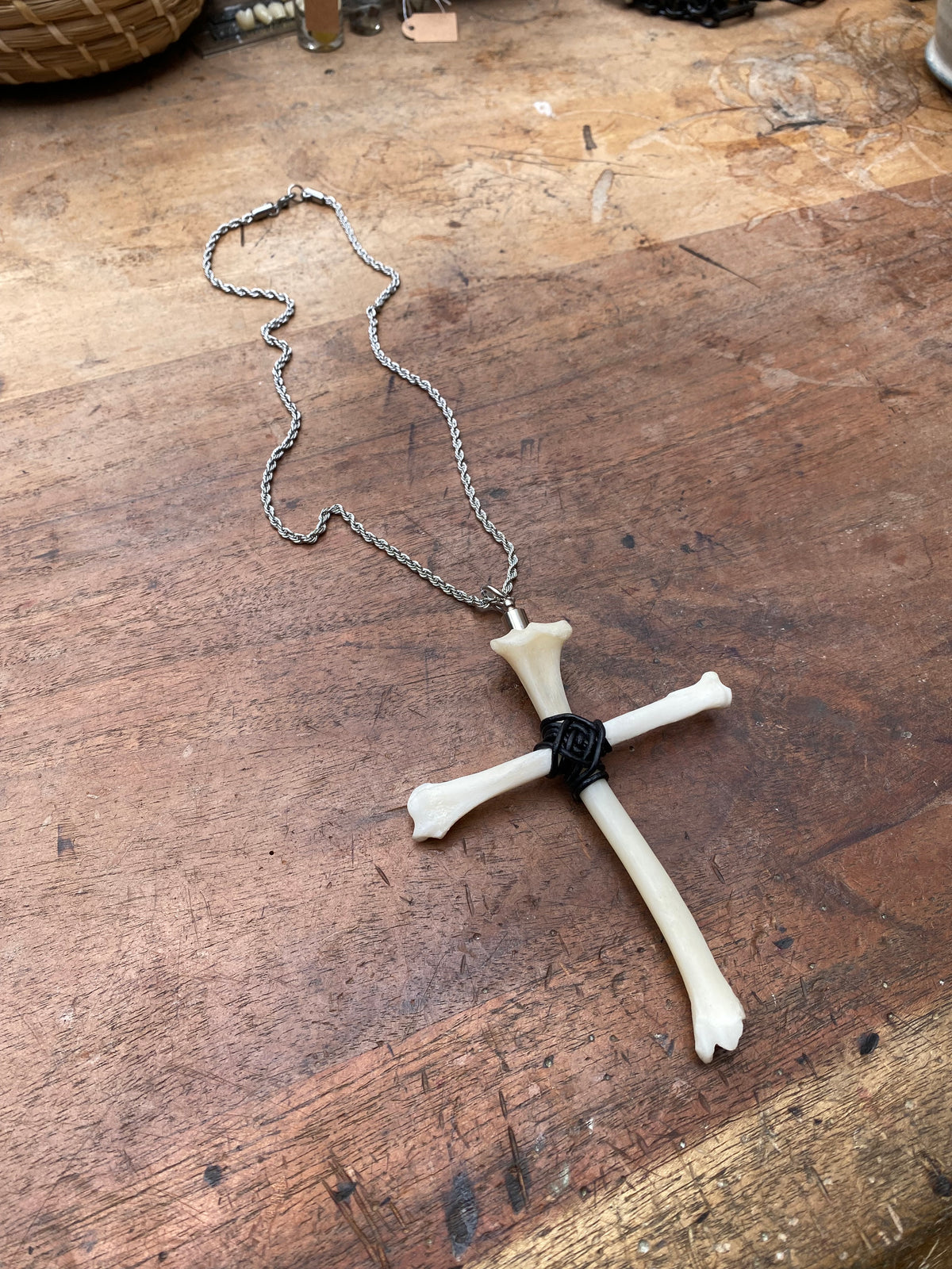 Fox Bone Cross with Secret Glass Vial Stainless Steel Necklace