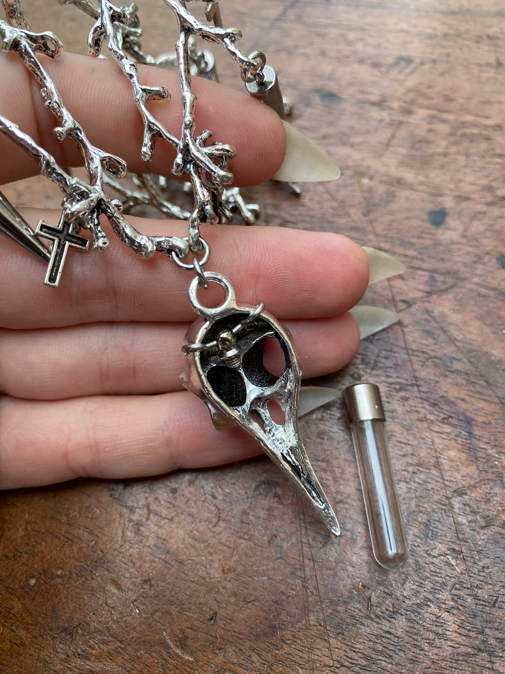 Tree Braches and Crow Skull with Openable Vial Necklace