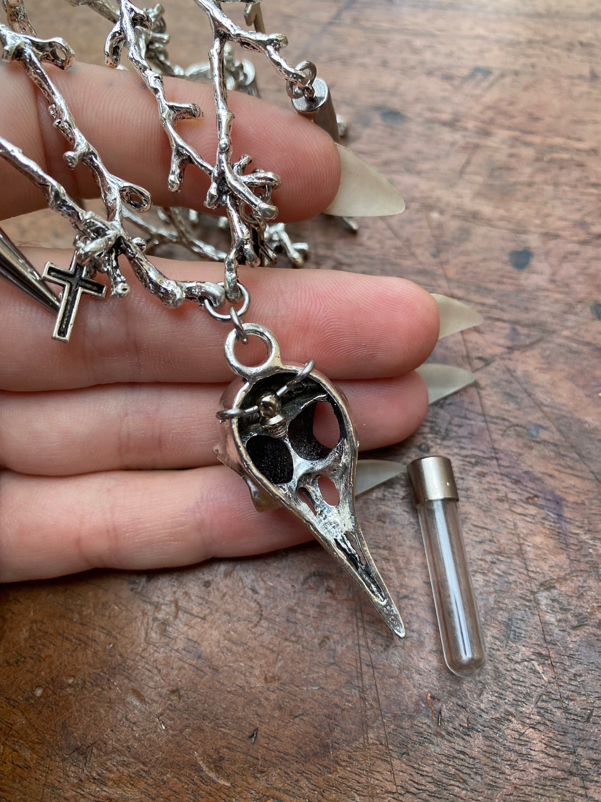 Tree Braches and Crow Skull with Openable Vial Necklace