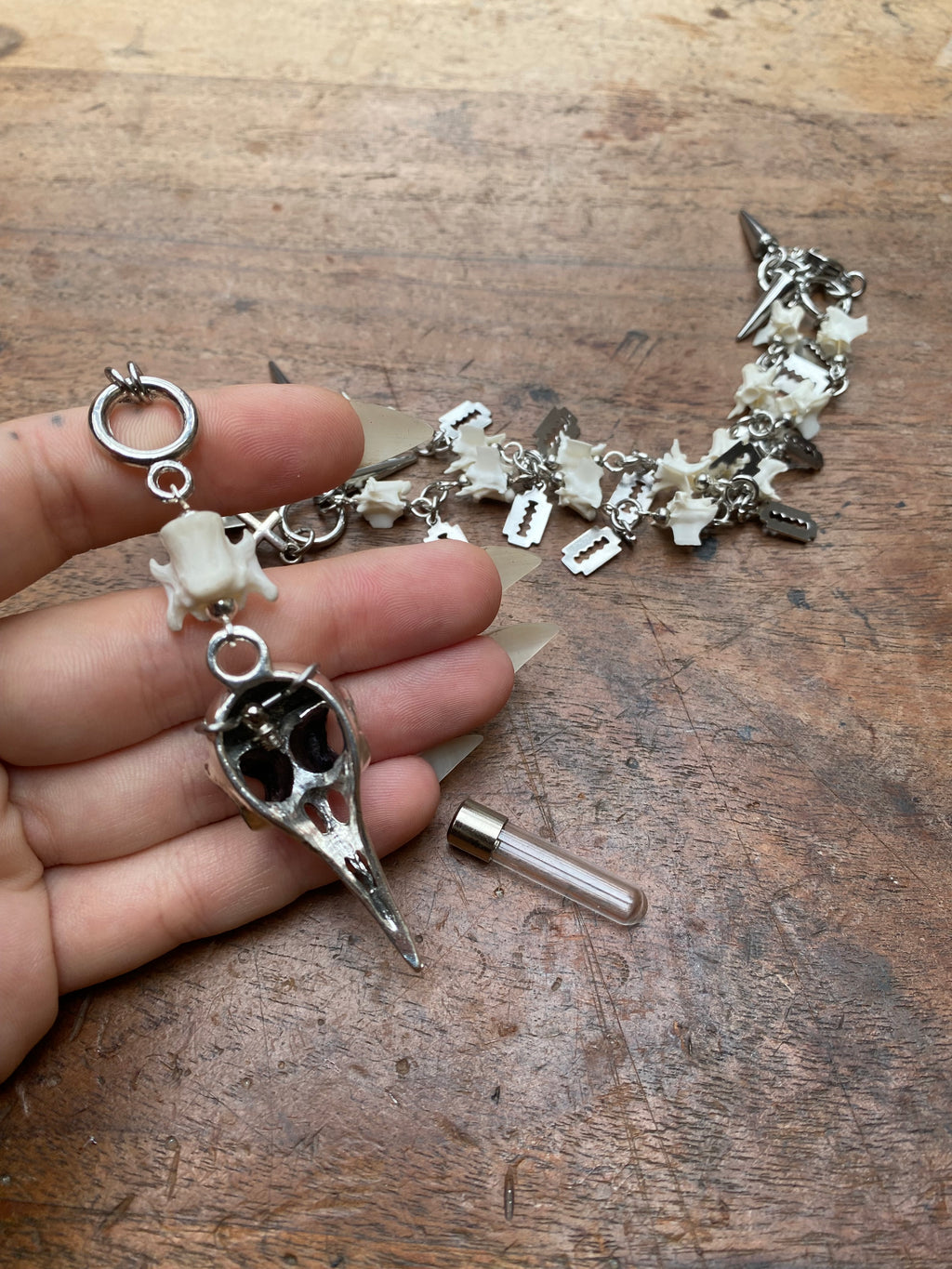Crow Skull & Vertibrae Necklace with Openable Glass Vial