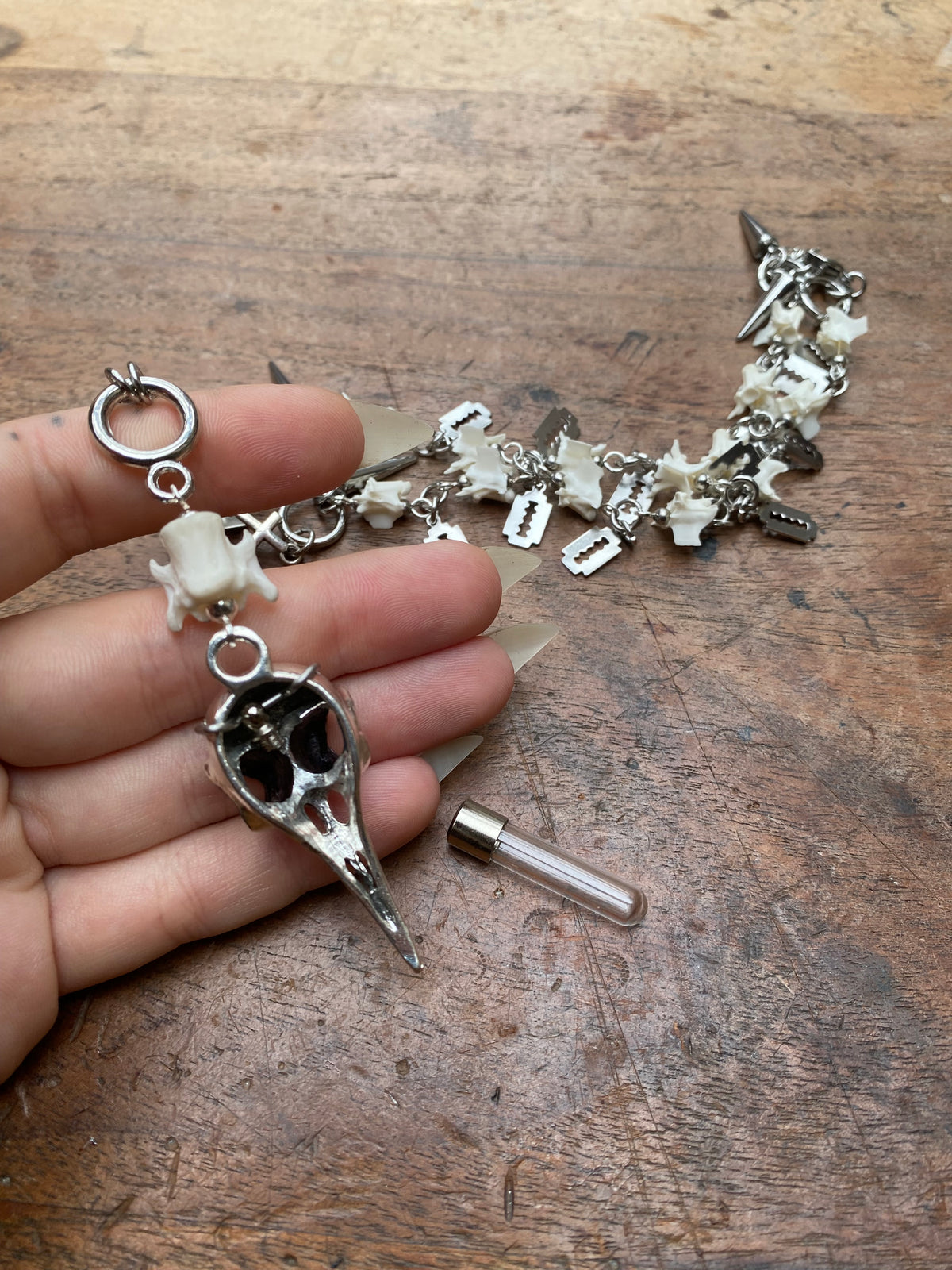 Crow Skull & Vertibrae Necklace with Openable Glass Vial