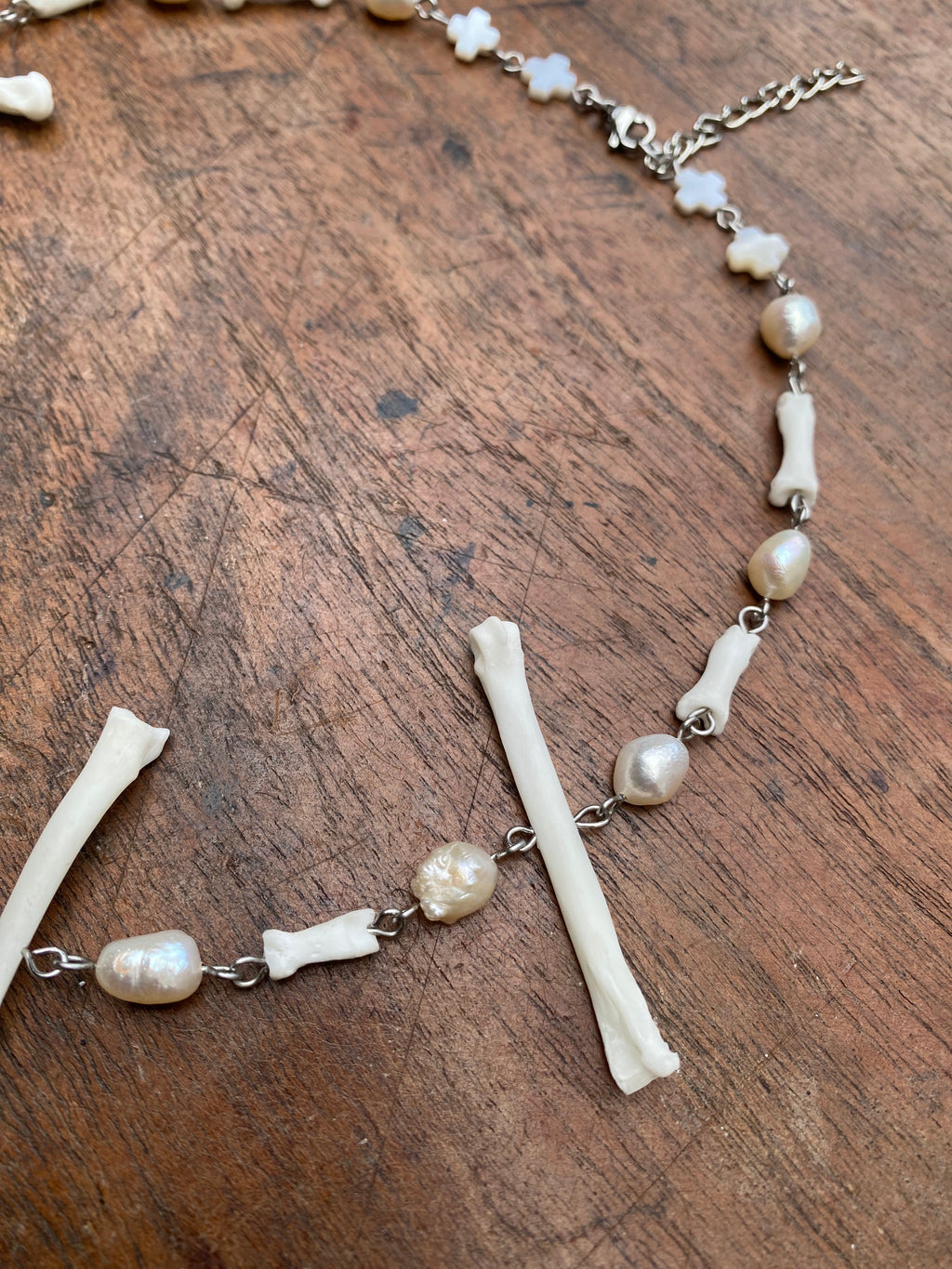 Cross Pearl and Fox Toe/Paw Bones Necklace