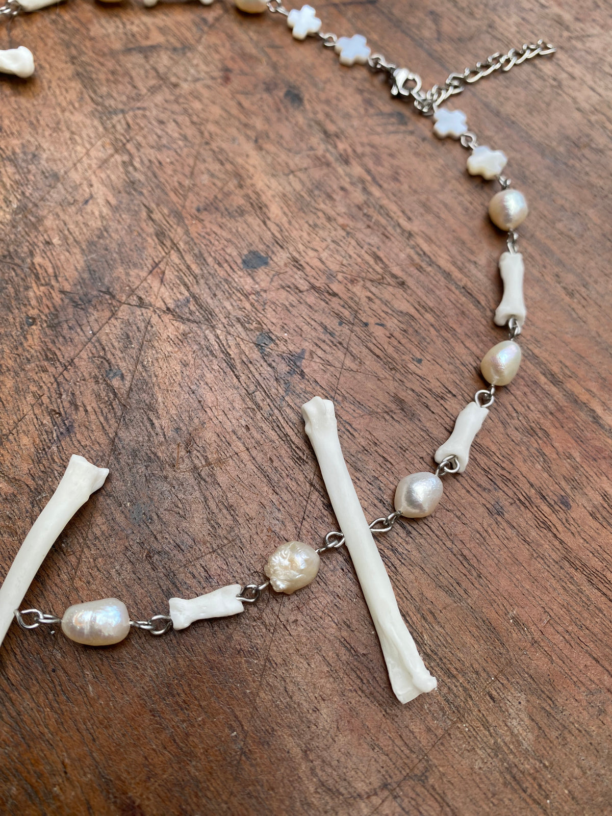 Cross Pearl and Fox Toe/Paw Bones Necklace