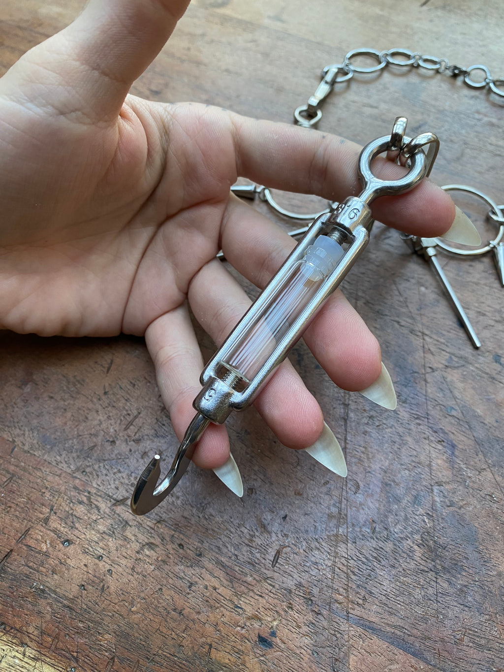 Stainless Steel Mechanical Hook, Syringe Needles and Glass Vial Necklace