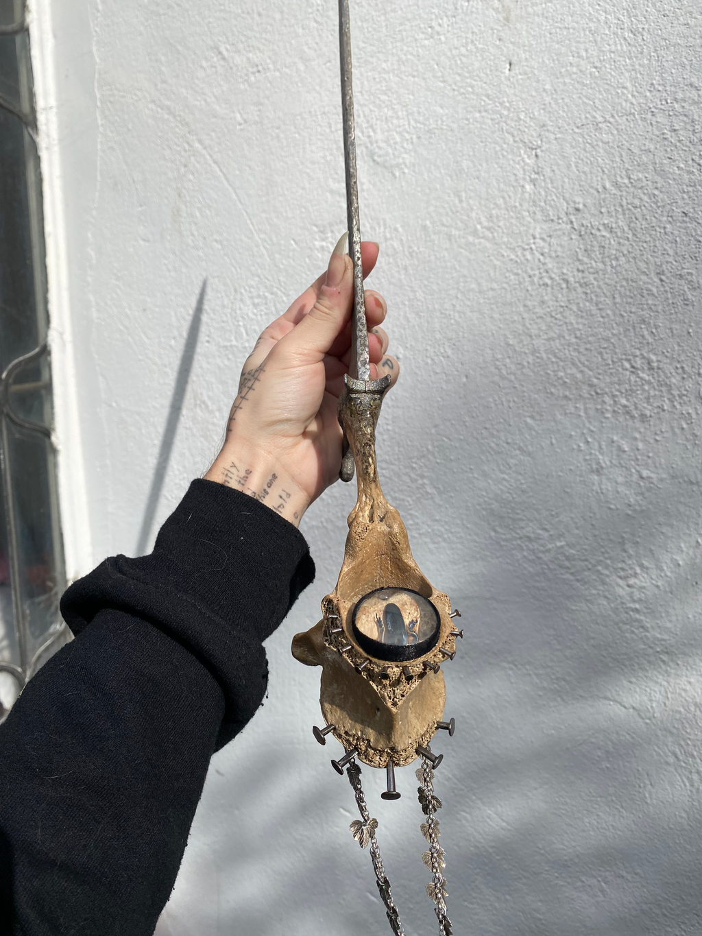 Large Vertibrae Sword with Blue Beetle, Coffins Nails, Silver Chain image 11