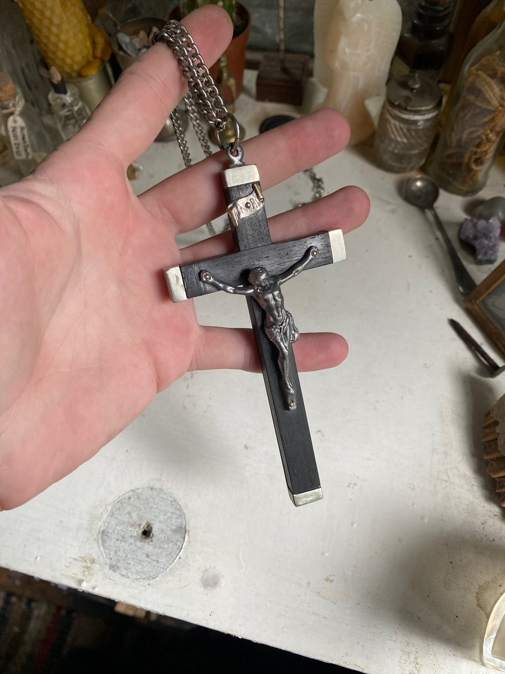 Large Vintage Wooden Crucifix on a Chain image 1