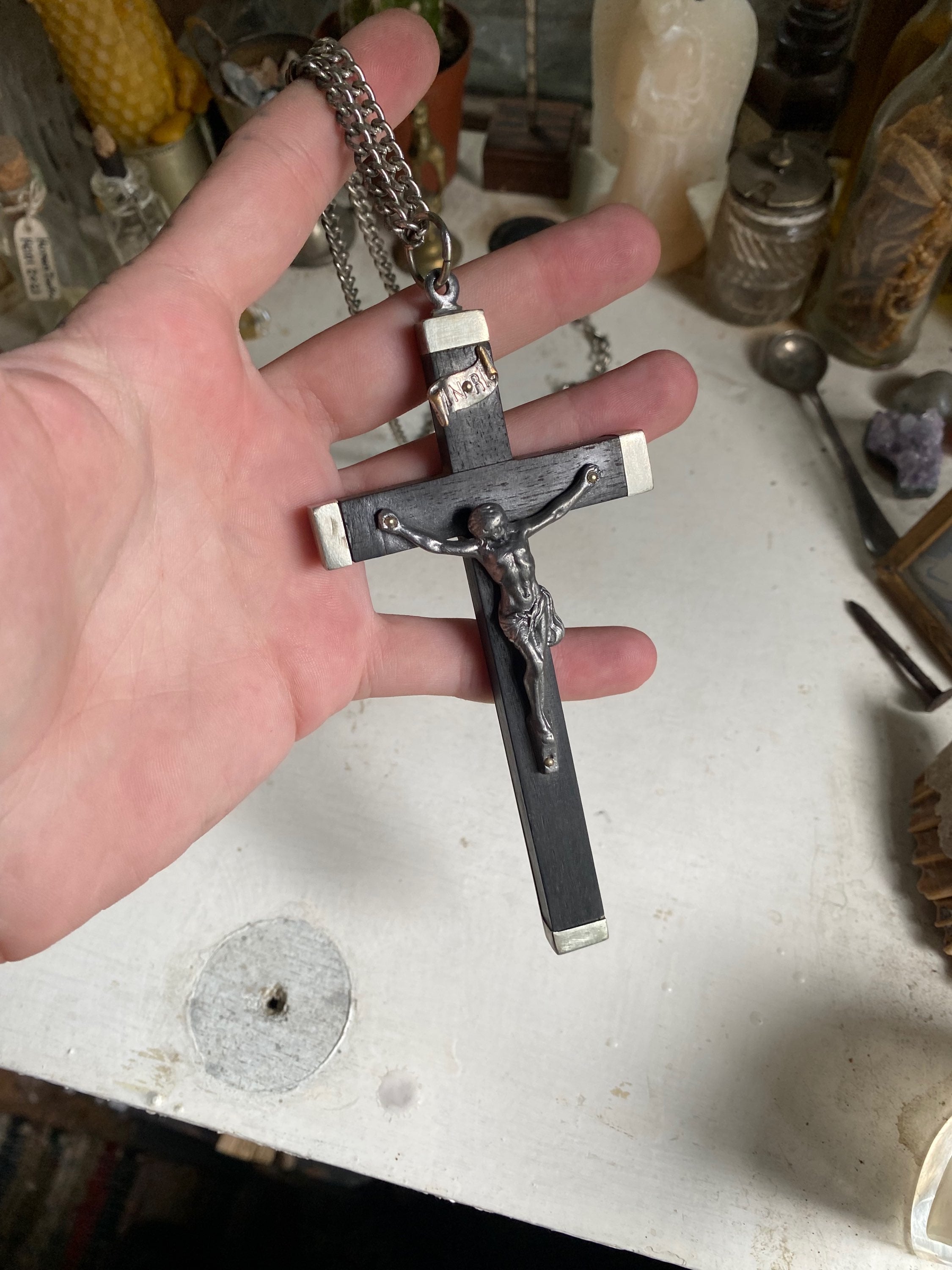 Large Vintage Wooden Crucifix on a Chain image 1