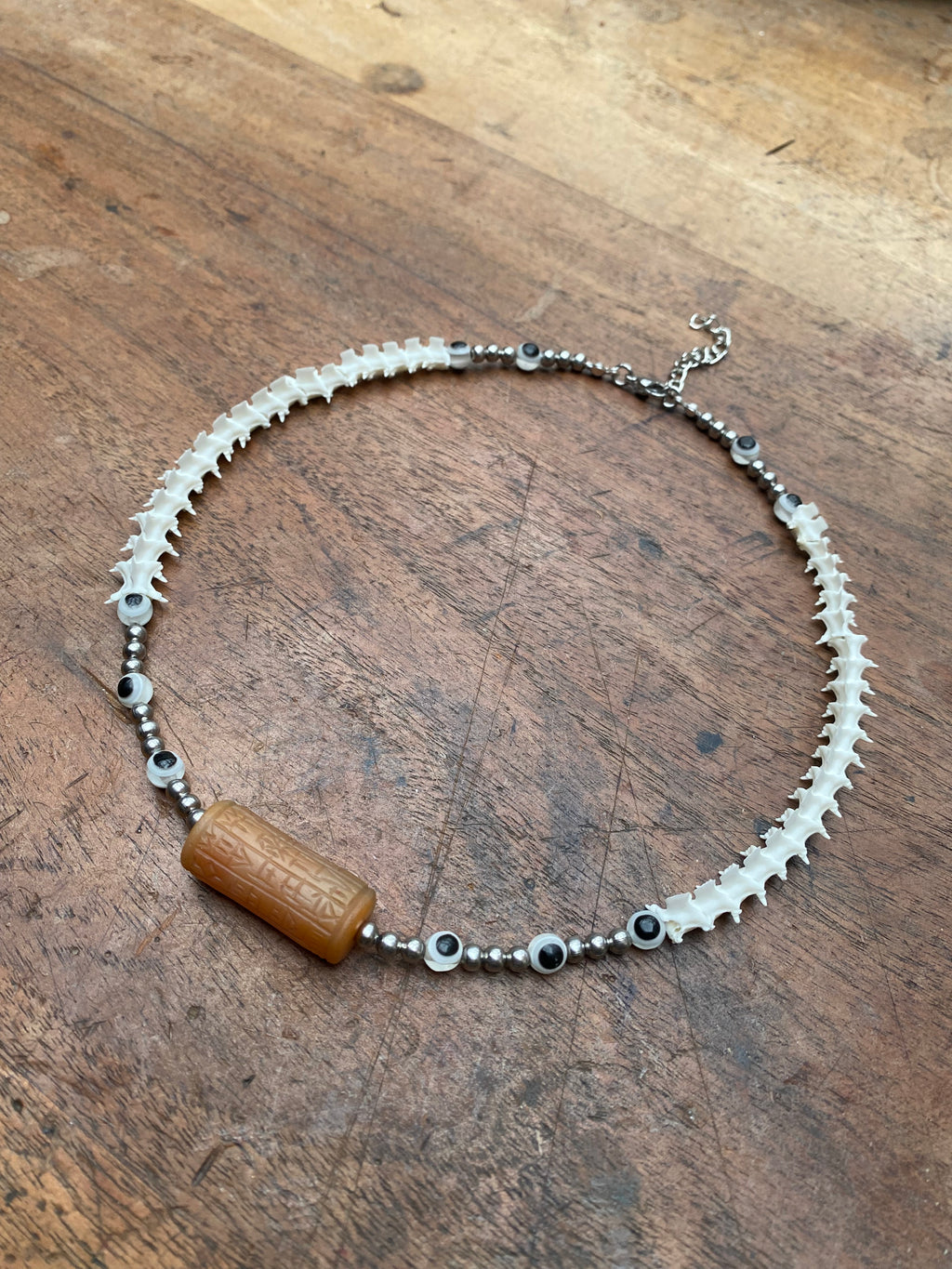 Ancient Mesopotamian Carved Carnelian Seal with Snake Vertibrae Necklace
