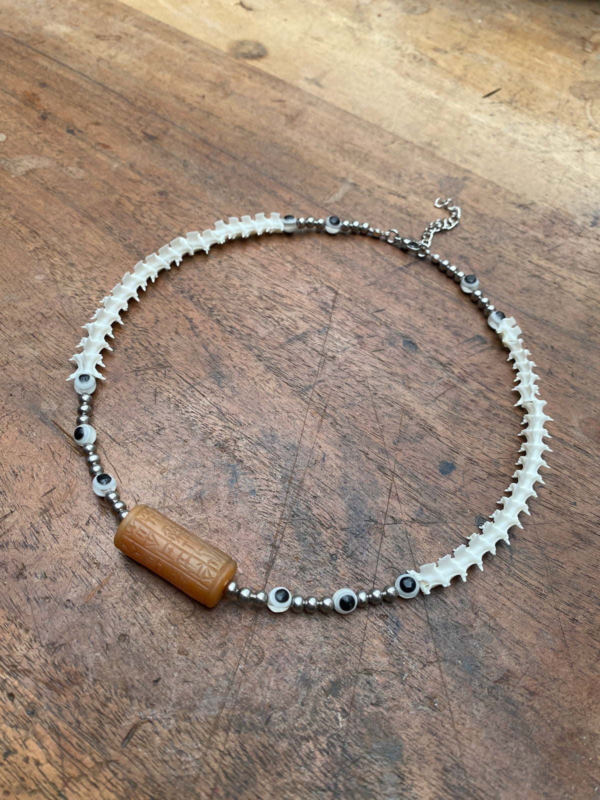 Ancient Mesopotamian Carved Carnelian Seal with Snake Vertibrae Necklace