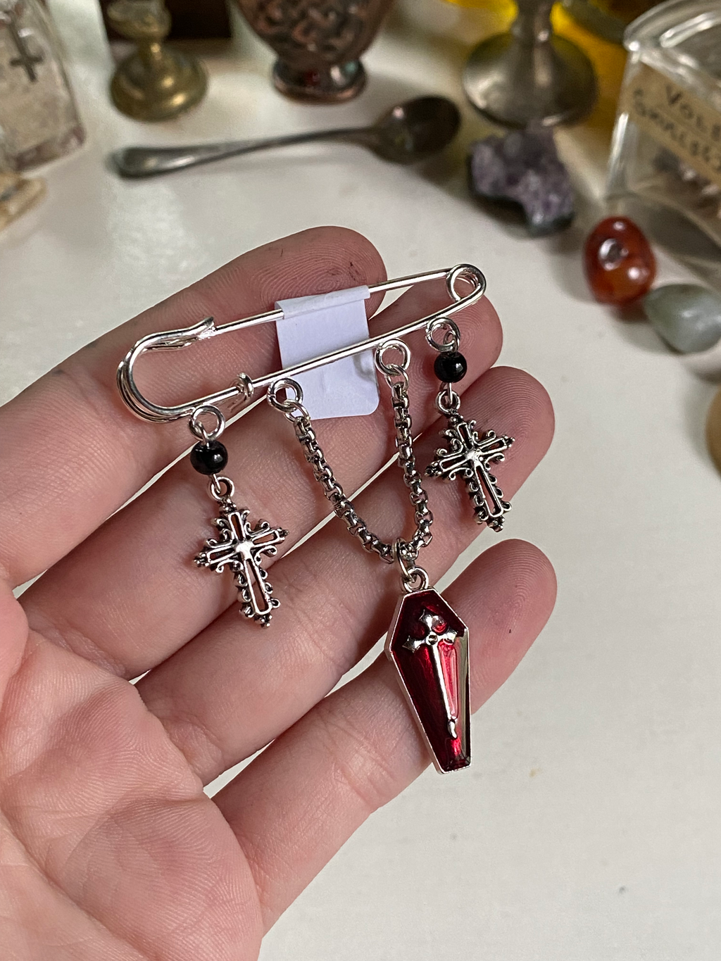 Coffin Charm and Crosses Safety Pin Broche image 2