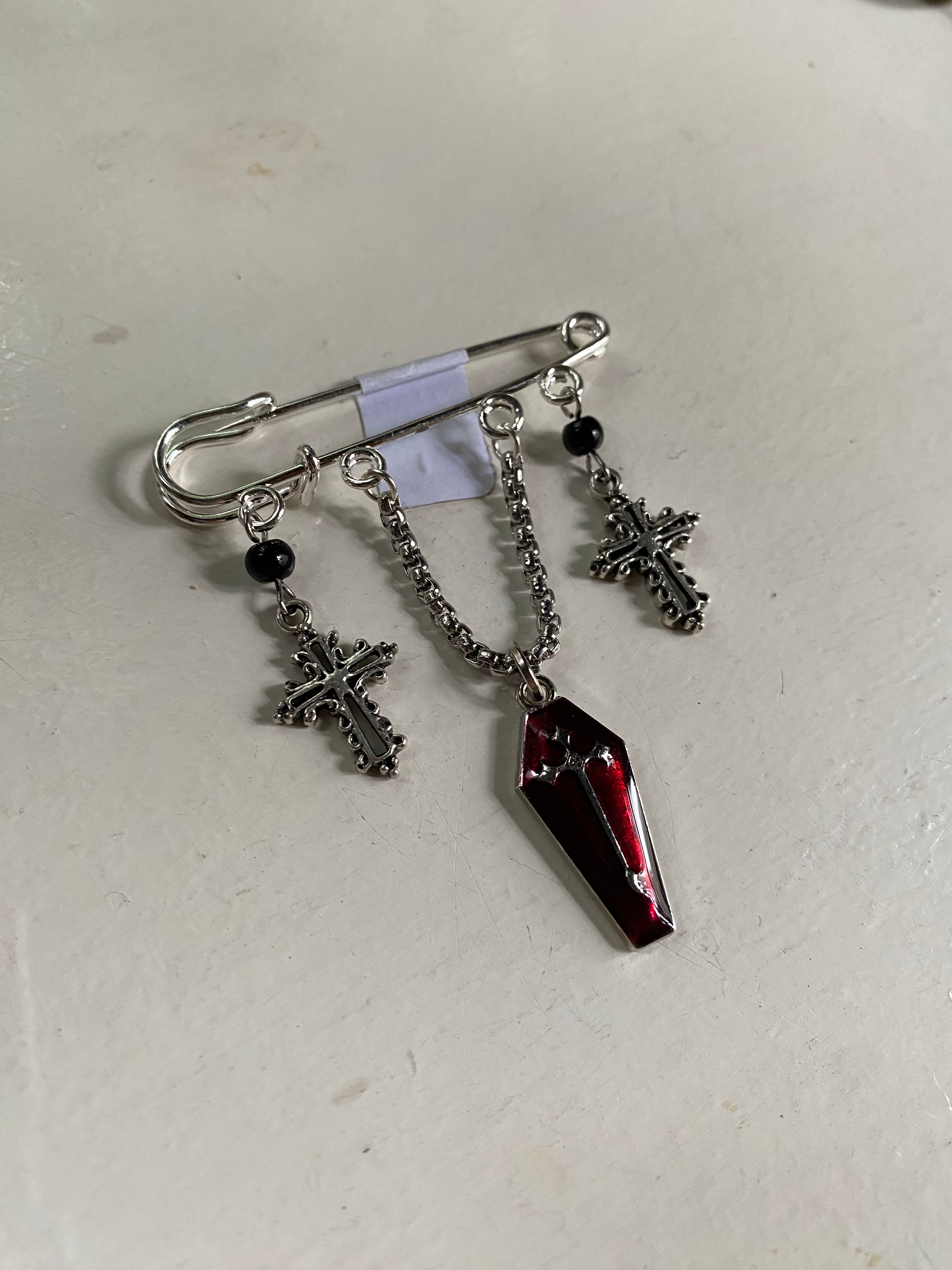 Coffin Charm and Crosses Safety Pin Broche image 0