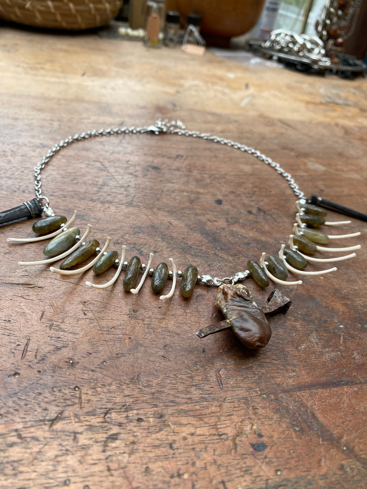 Pierced Mummified Crow Heart, Ribs Coffin Nails and Labradorite Necklace