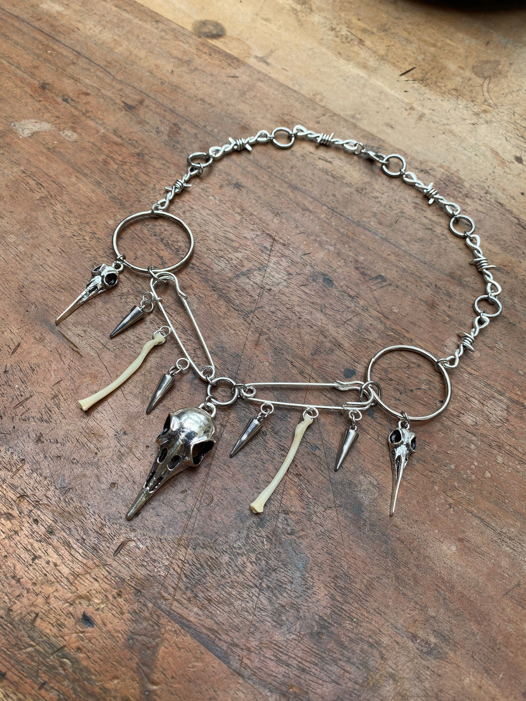 Crow Skulls, Safety Pins and Bones Necklace