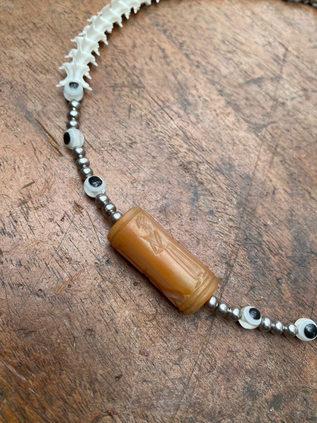 Ancient Mesopotamian Carved Carnelian Seal with Snake Vertibrae Necklace