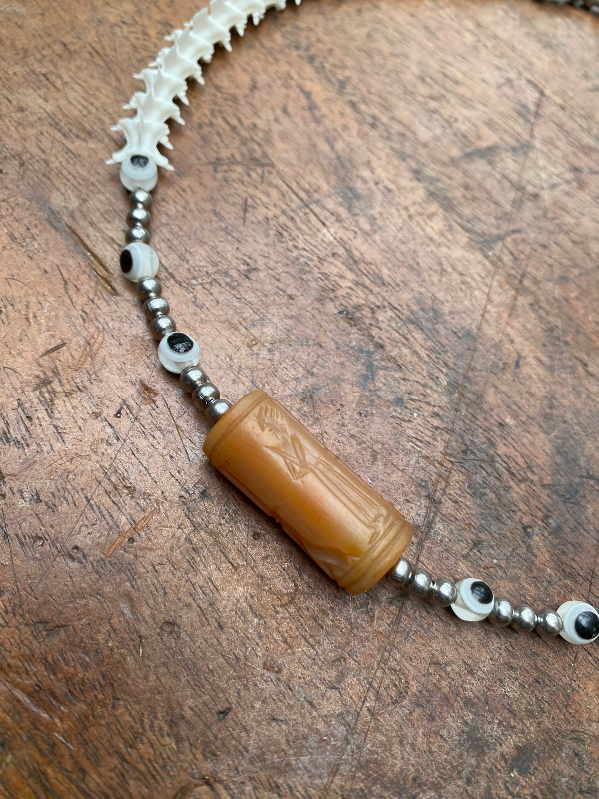 Ancient Mesopotamian Carved Carnelian Seal with Snake Vertibrae Necklace