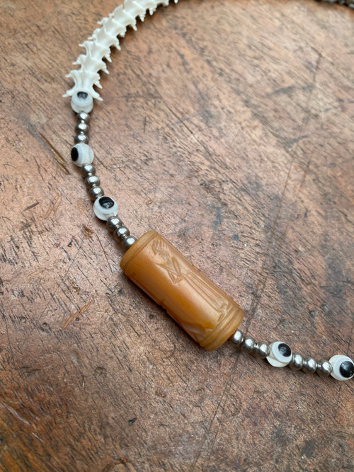 Ancient Mesopotamian Carved Carnelian Seal with Snake Vertibrae Necklace