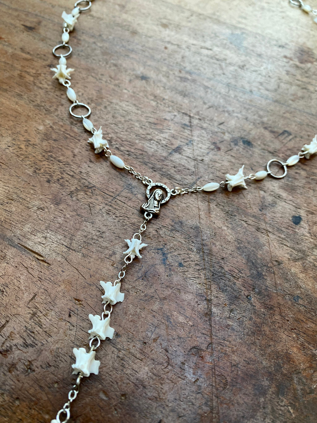 Snake Vertebrae and Mother of Pearl Rosary Necklace