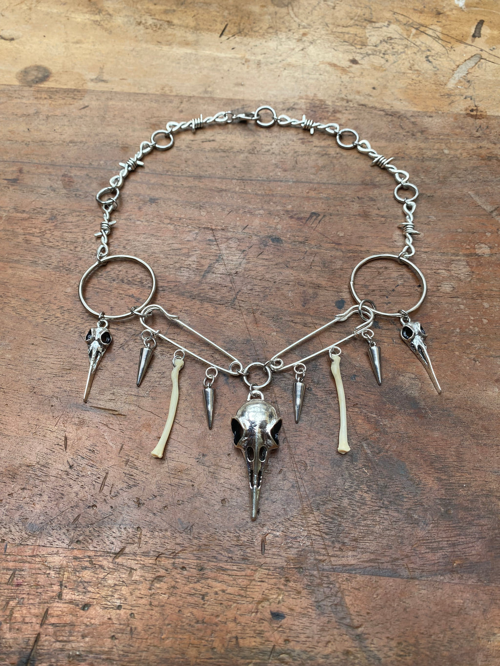 Crow Skulls, Safety Pins and Bones Necklace