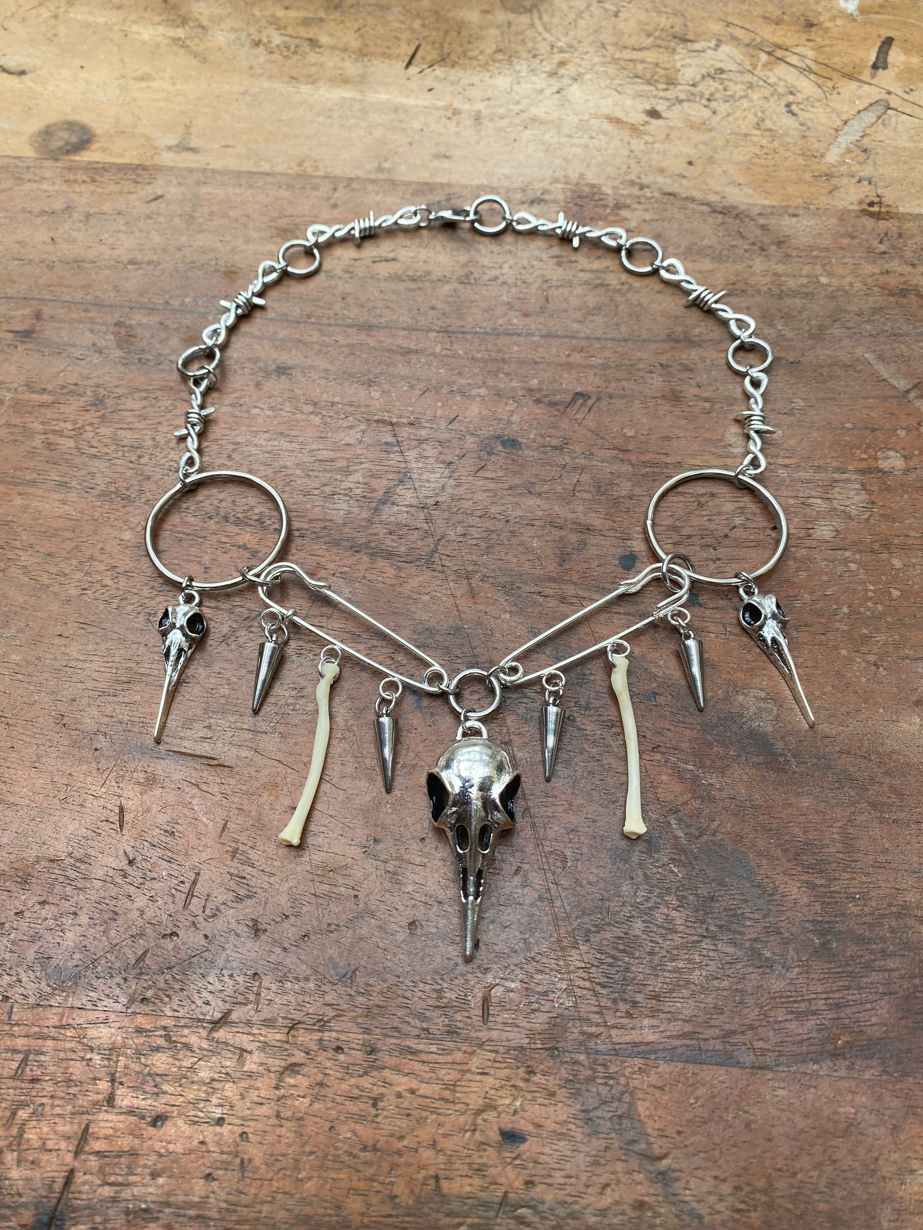 Crow Skulls, Safety Pins and Bones Necklace